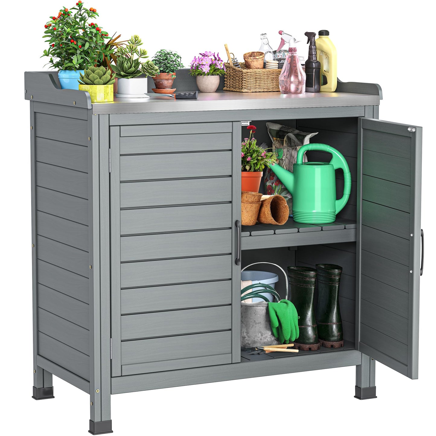 YITAHOME Outdoor Garden Potting Bench with Storage Cabinet, Metal Tabletop & Removable Shelf, Wooden Planting Workstation for Patio, Garden, Yard (Grey)