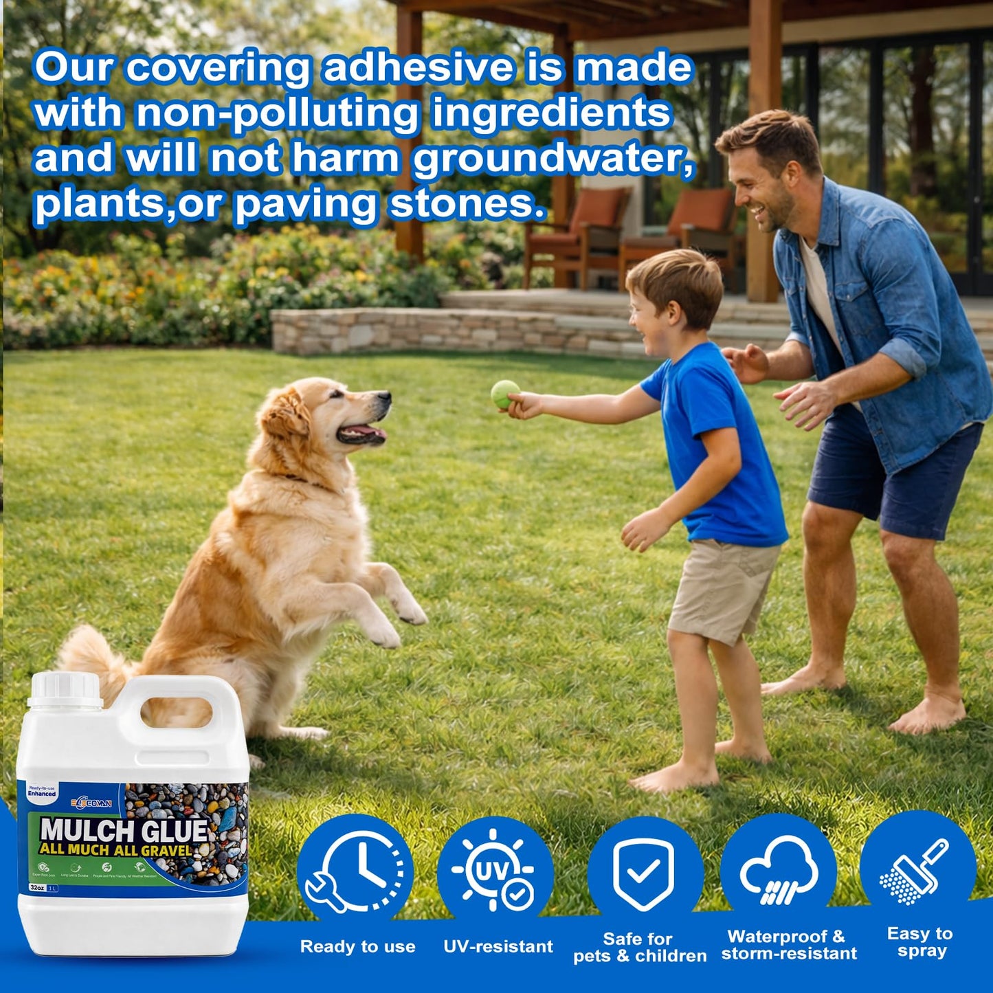 Mulch Glue for Landscaping, 64 OZ Rock Glue & Gravel Binder, Water-Based Non-Toxic Landscape Adhesive, Weather-Resistant Mulch Anchor for Pea Gravel, Pebbles, Wood Chips & Decorative Stone