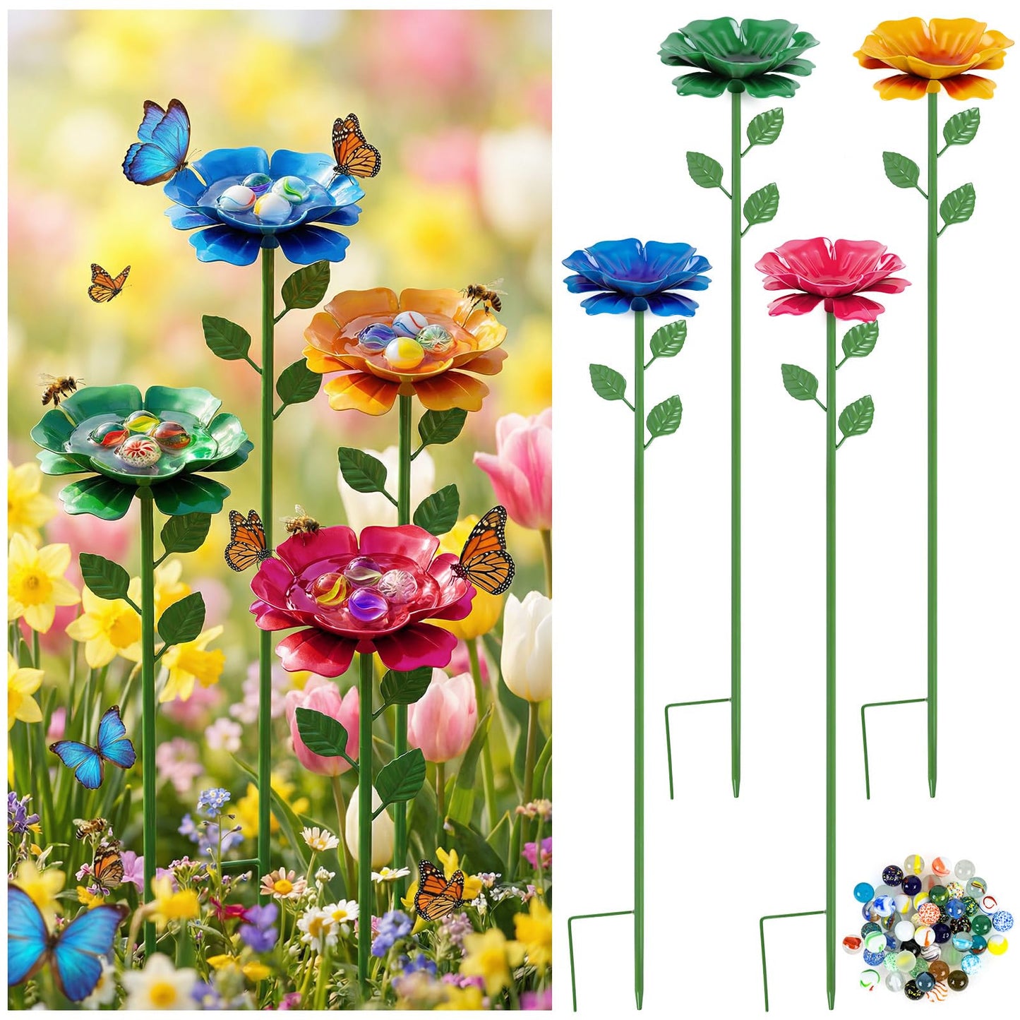 4 Pack Bee Watering Station, Butterfly Feeder, Bee Baths with 50 Glass Marbles, Bee Cups Water for Bees Garden, Outdoor Colorful Flower Design (Red,Green,Blue,Yellow)
