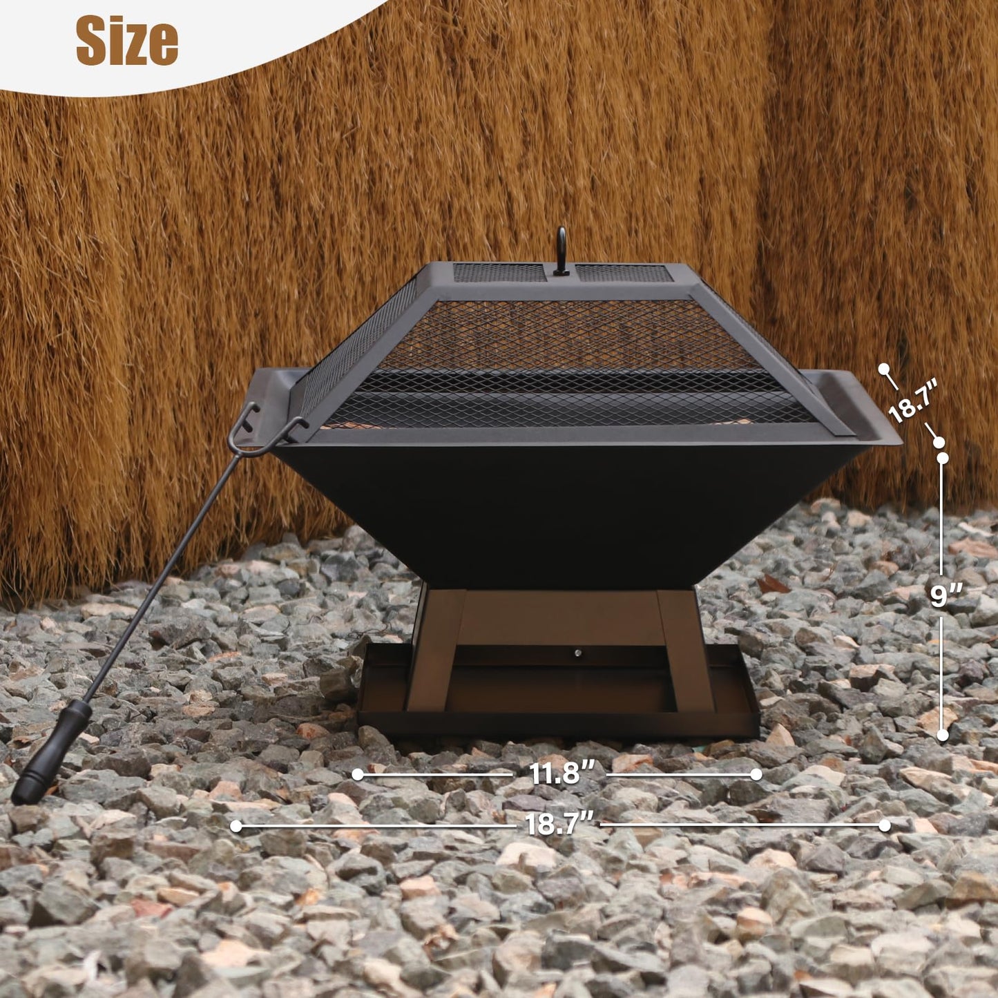 Quilushey 19.8inch Portable Small Fire Pit with a Removable Ash Pan, Fire Poker, Mesh Lid, 2 in 1 Square Outdoor Fireplace for BBQ, Outside Heating, Bonfire Party, Camping, Backyard, Patio, RV Trip