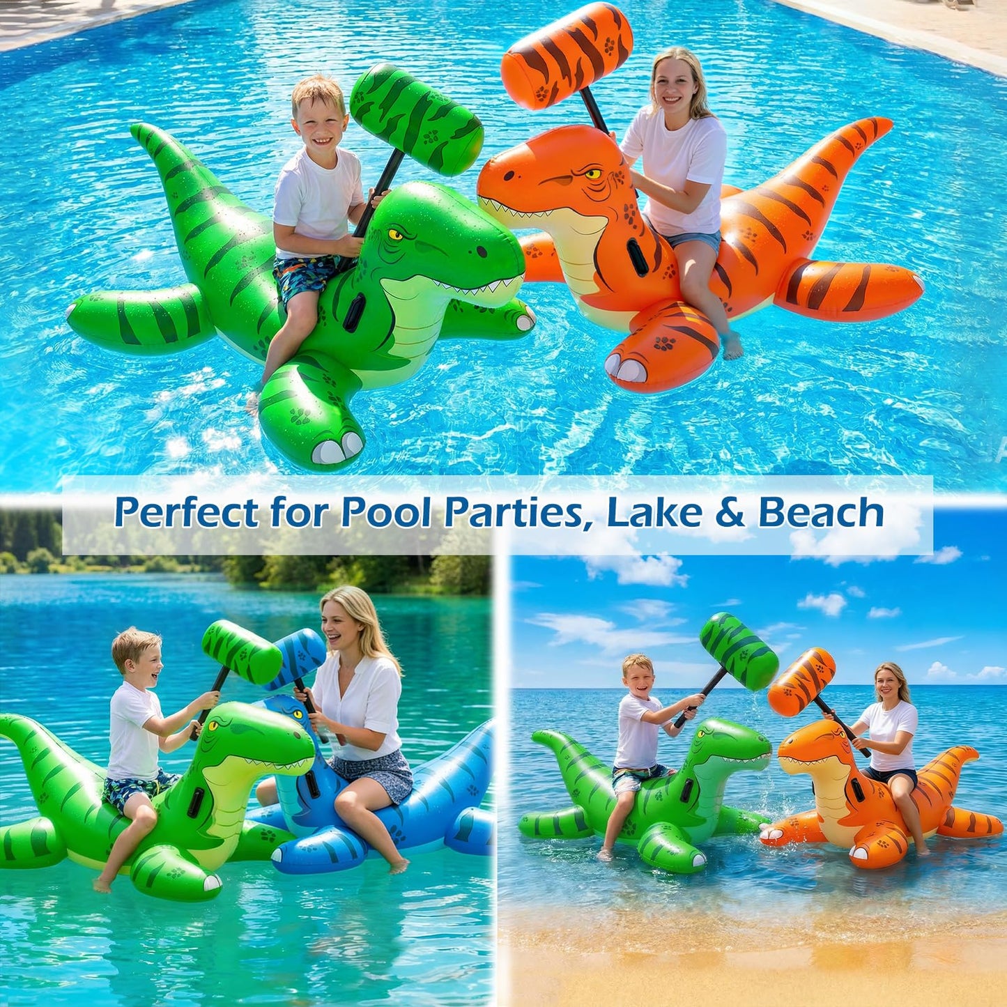 Jasonwell Pool Games Toys Floats -2Pack Inflatable Dinosaur Pool Floats with Blow Up Toy Hammers Ride on Pool Floaties for Kids Teens Adults Lounge Raft Summer Lake Beach Party Decorations (GN&Org XL)