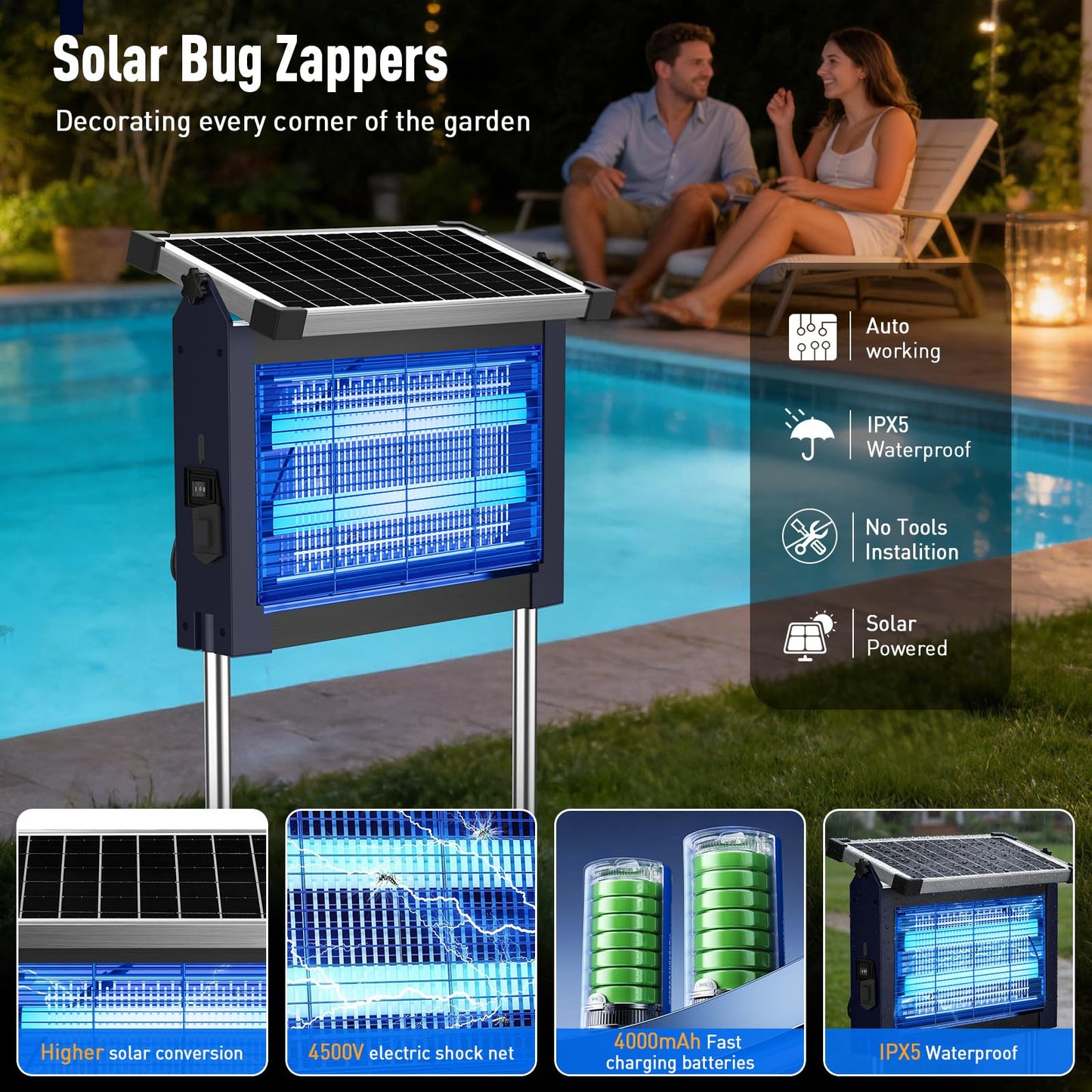 Solar Bug Zapper Outdoor Waterproof, Mosquito Zapper USB-C Rechargeable Solar Bug Zapper Outdoor, 4500V Electric Bug Zapper, Mosquito Trap Fly Zapper Killer for Patio Garden Backyard Camping Garage