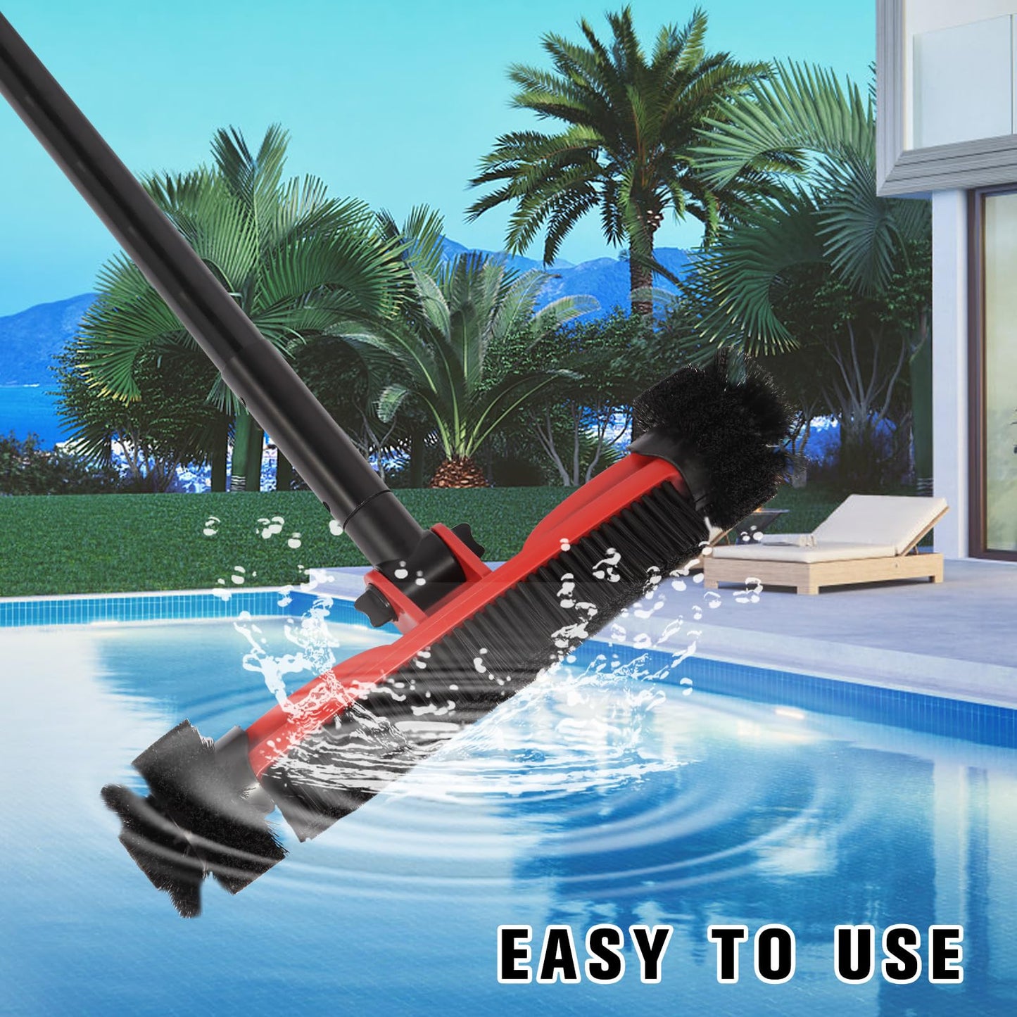 Pool Brush Head with Round Ends, Heavy Duty Pool Brushes for Cleaning Pool Walls, Floors Steps & Corners, 16" Pool Brush with Sturdy Aluminum Handle & Durable Nylon Bristles