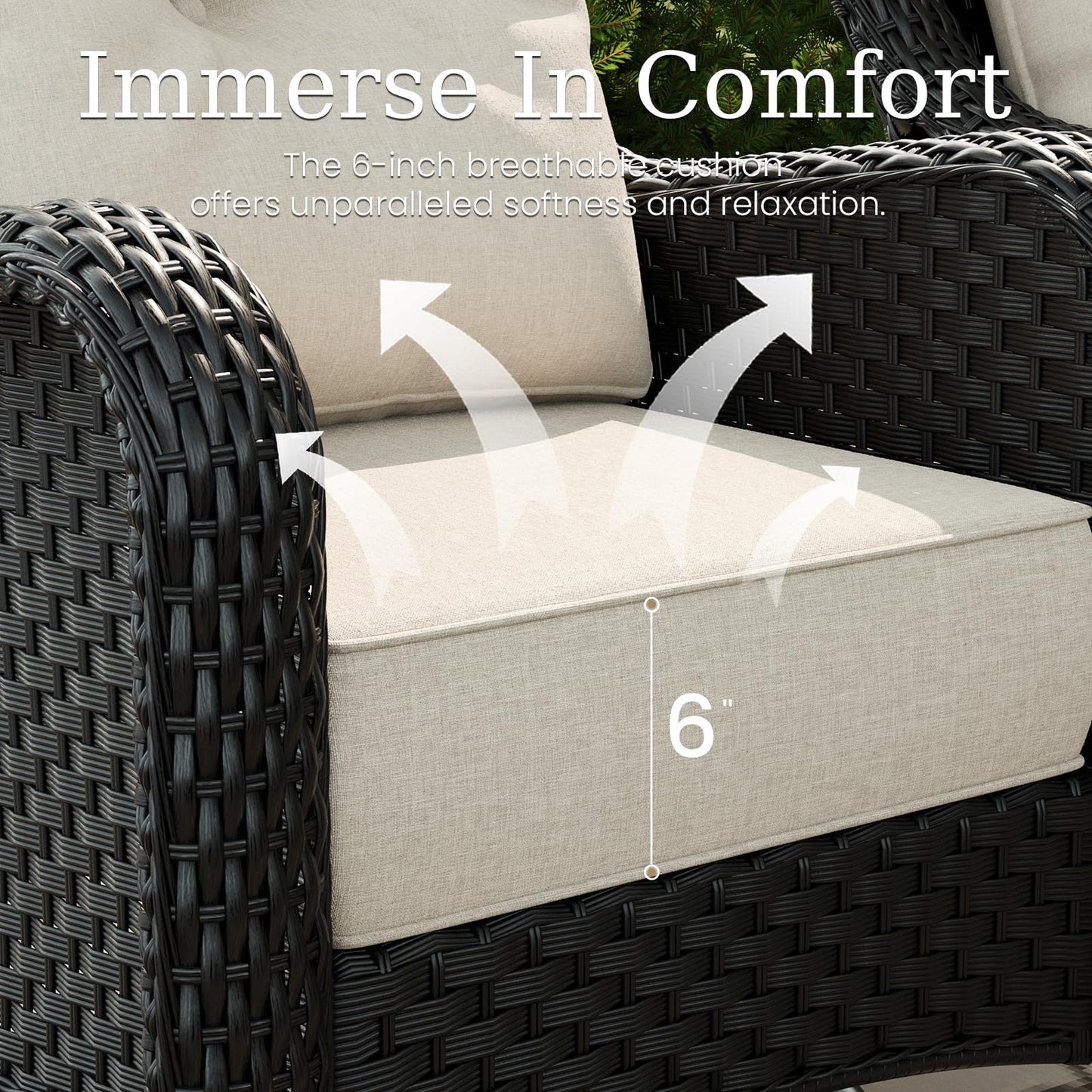 Aeeiua 8 Piece Patio Furniture Set with Fire Pit Table, All-Weather Wicker Outdoor Conversation Set with Swivel Rocking Chair and 6 Inch Thick Cushions
