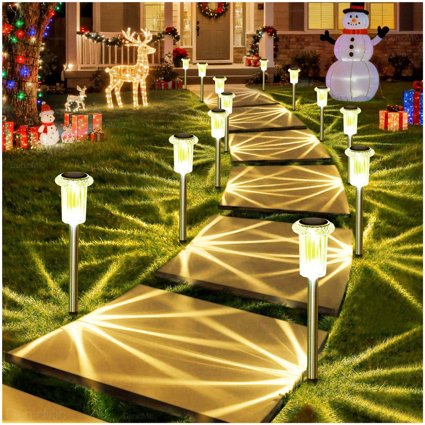 DenicMic Solar Lights Outdoor 10 Pack Waterproof 3000K Warm White LED Stainless Steel Stake Outside Lights for Yard Pathway Garden Driveway Walkway Landscape Path Lighting