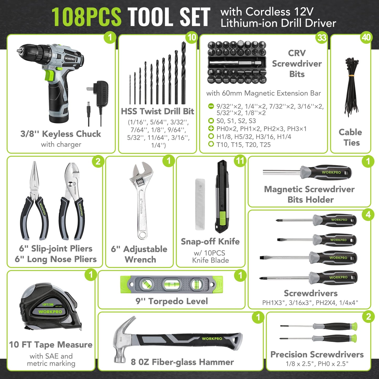 WORKPRO Home Tool Kit with Power Drill, 108PCS Power Home Tool Set with 12V 1.5 Ah Battery Powered Screwdriver and Tool Box, Electric Cordless Drill Set with Keyless Chuck and Variable Speed Trigger