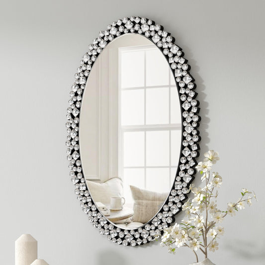 SHYFOY Oval Wall Mirrors Decorative, 23.6x35.4 Ornate Accent Mirror Crystal Frameless Mirror Jeweled Mirrors for Living Room Bedroom Entryway Wall Decor
