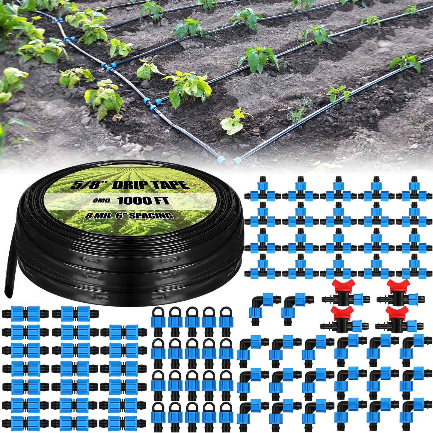 Tondiamo 1000 ft 5/8 Inch Drip Tape Irrigation Tubing Kit 8 Mil 6" Spacing Hose Garden Landscape Irrigation System Automatic Equipment for Farms