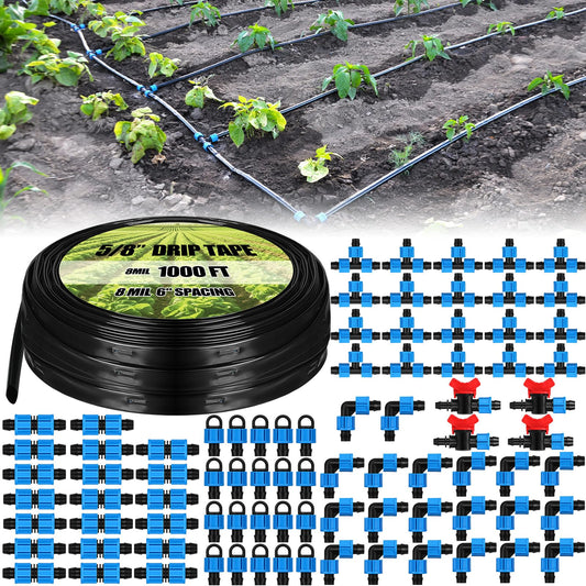 Tondiamo 1000 ft 5/8 Inch Drip Tape Irrigation Tubing Kit 8 Mil 6" Spacing Hose Garden Landscape Irrigation System Automatic Equipment for Farms