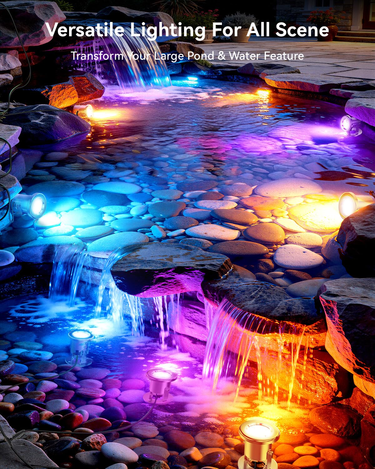 OSREE All in One RGB Underwater Pond Light Kit with APP, 6W IP68 Waterproof Fountain Light with 12V Transformer, Pond Lights LED Underwater for Large Pond Stream Fountain Water Feature, 51FT, 4Pack