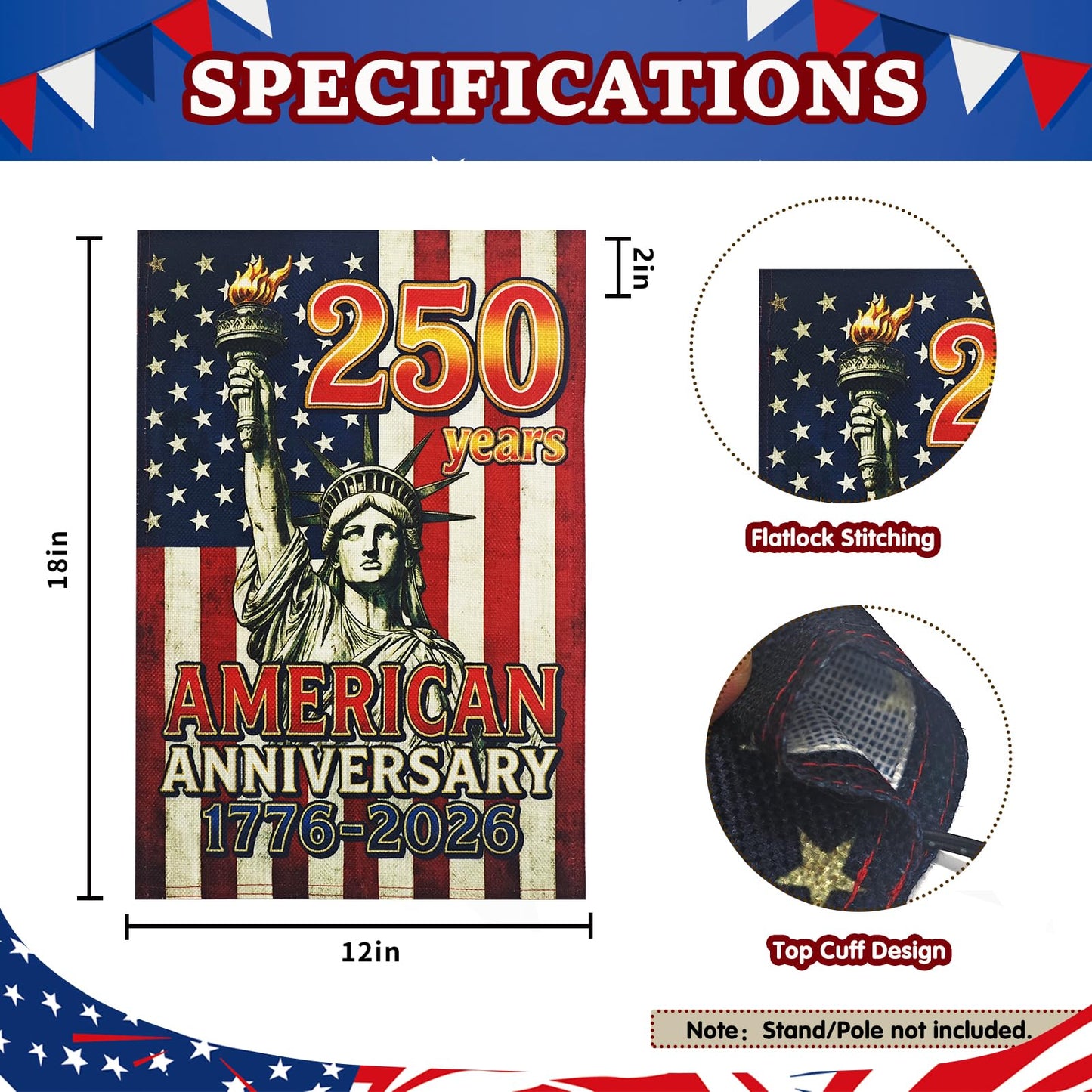 FLAGMESAGE Lighted 250th Anniversary USA Garden Flag for Outside, Solar Led Double-sided Patriotic Banner with 1776-2026 250 Years of American Freedom Design for Independence Day, July 4th Decor (LED Statue of Liberty, 12 x 18 Inch)