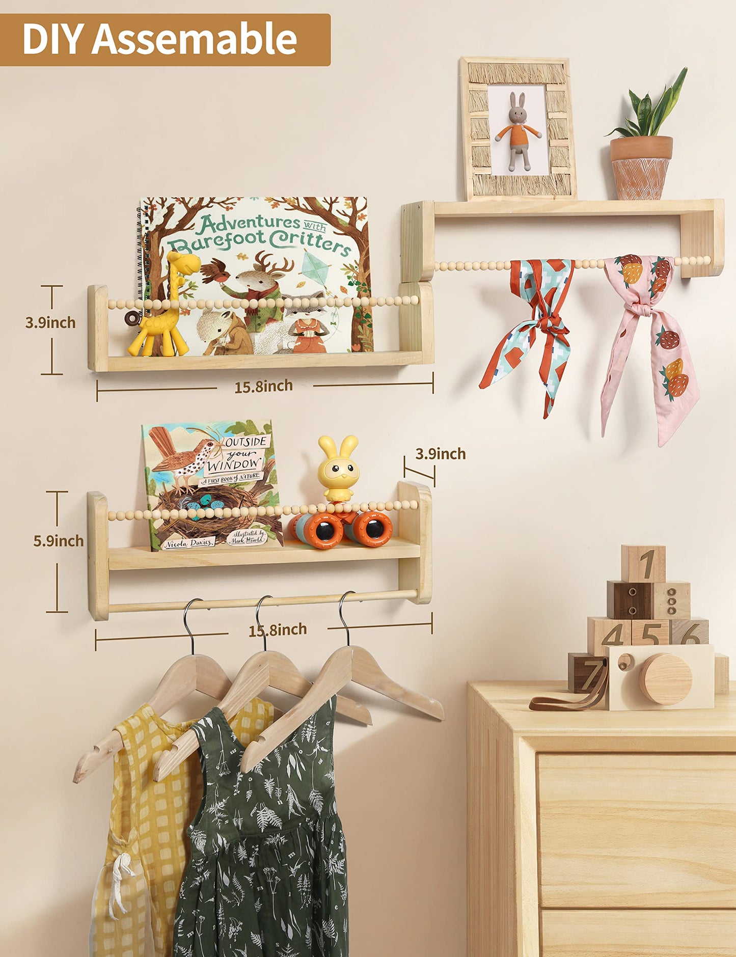 Maxpeuvon Nursery Floating Shelves for Wall, Set of 3 Book Shelves Natural Wood Wall Mounted Organizer with Towel Bar Hanging Bookshelves Nursery Decor for Kids Room, Bedroom and Kitchen
