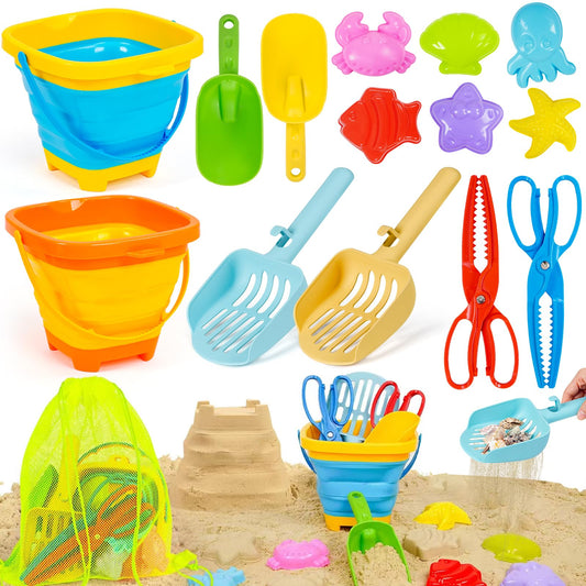 Beach Sand Toys for Kids 4-8 with Collapsible Buckets Sand Molds Mesh Shovels and Shell Bags Sand Tool Shell Shark Teeth Collecting, Beach Travel Essential Outdoor Sandbox Toy for Toddler 3 4 5 6