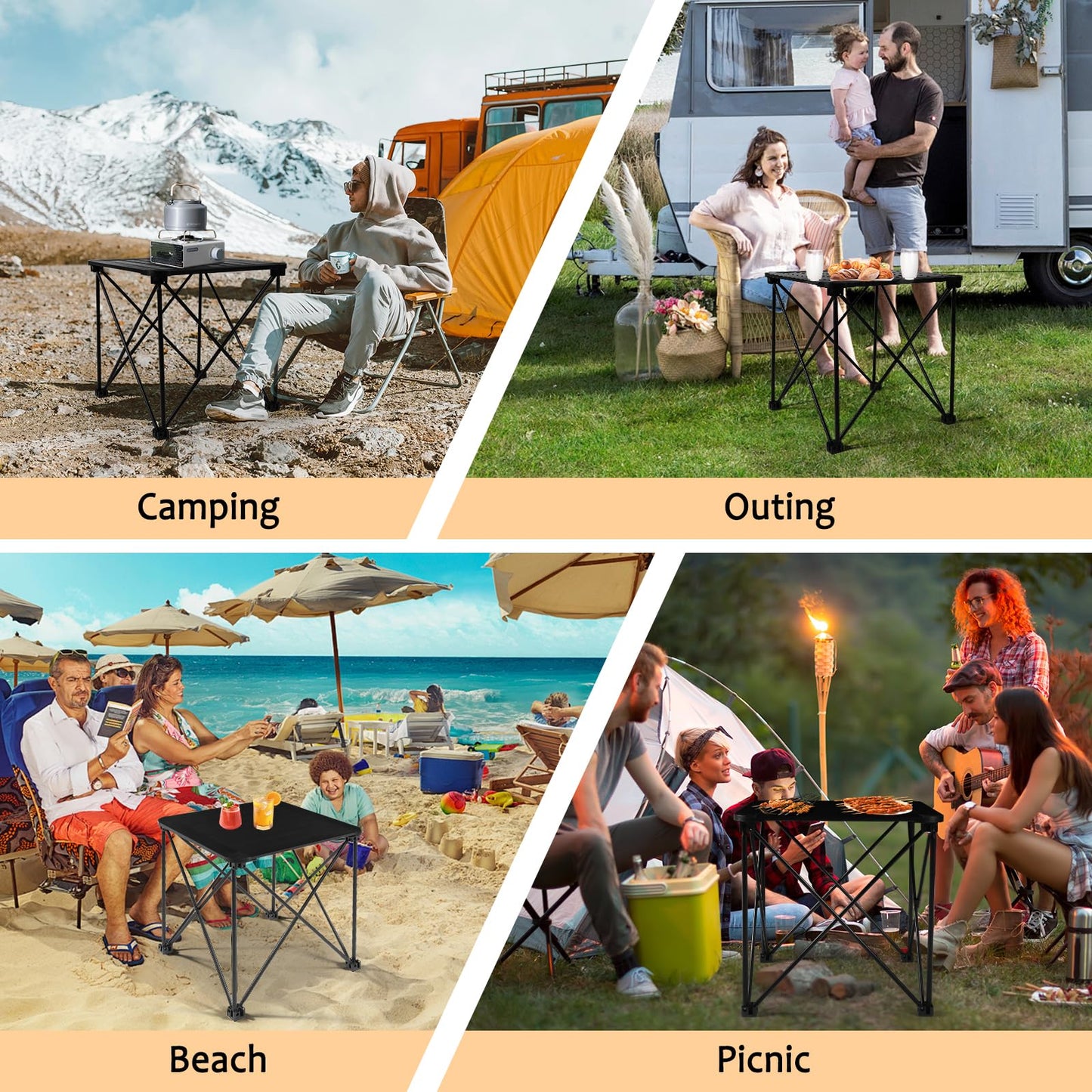 Tesouro Folding Camping Square Table with Carry Bag, Lightweight Aluminum Square Table for Outdoor, Camping, Picnic, Backyards, BBQ (Black-Small)