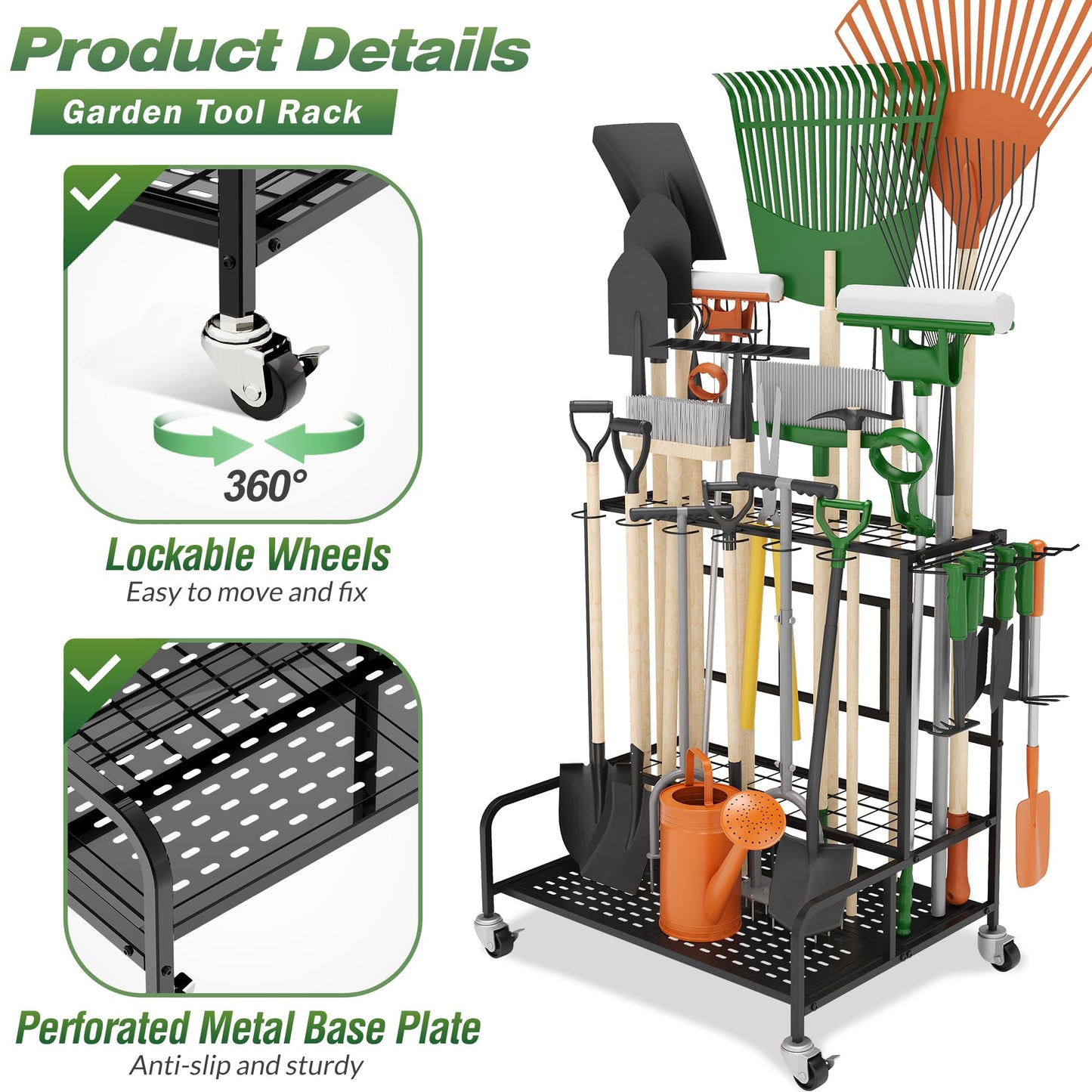 Garden Tool Organizer Rack with Wheels Up to 39 Tools, Heavy-Duty Steel Yard Tool Organizer for Garage Storage with 12 Hooks, Broom Holder & Garden Tool Rack for Shed, Patio, Outdoor Use, Black