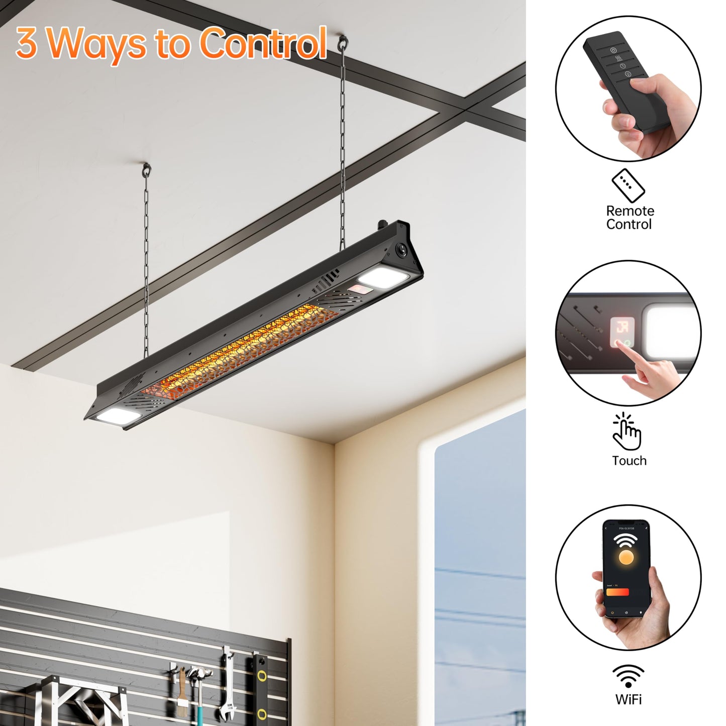 Wall-Mounted Electric Heater Hanging Patio with Light Ceiling Outdoor, 1500W Infrared 9 Heat Levels, 24H Timers, 1s Heating Carbon Fiber Tube Wall Heater for Backyard, Garage