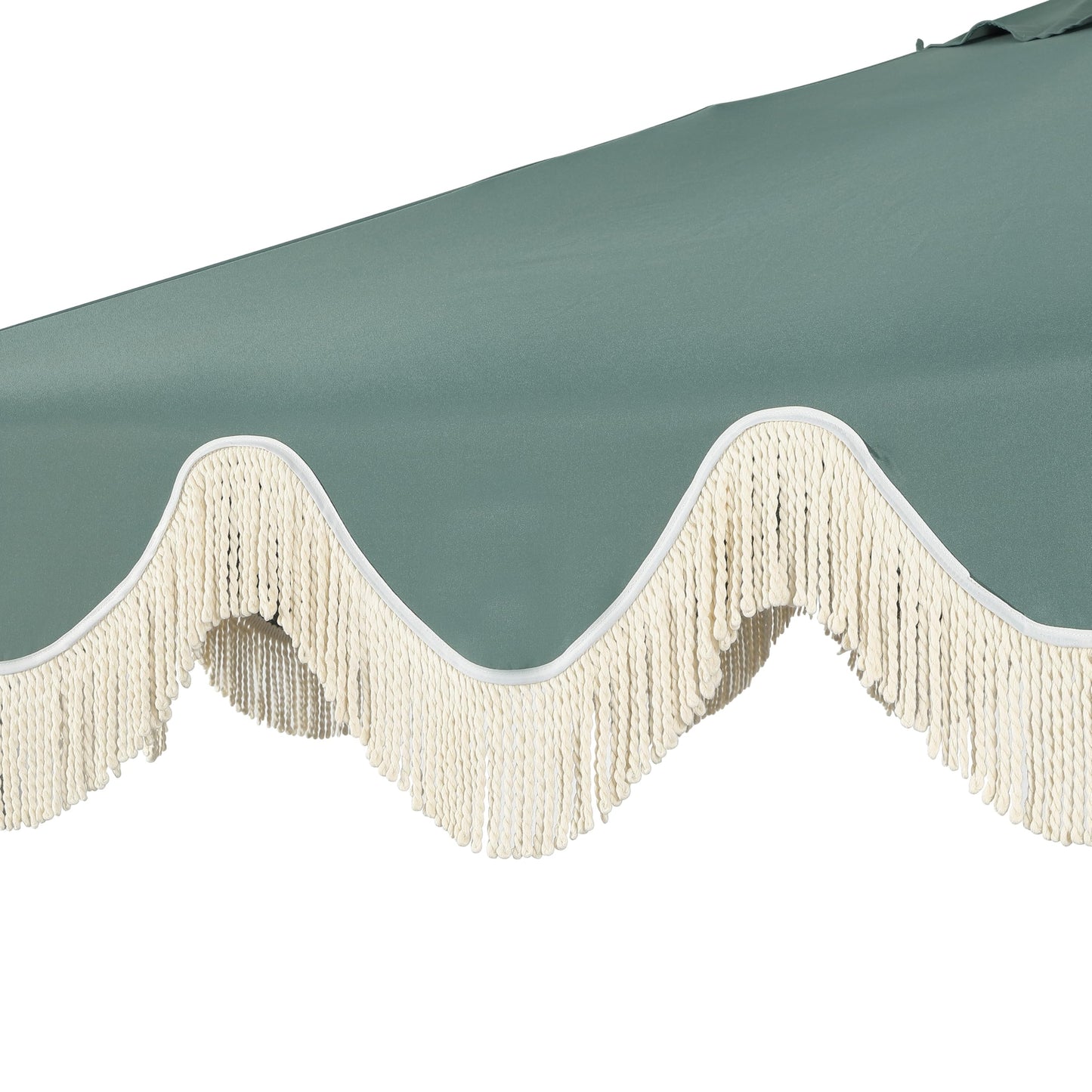 JONATHAN Y UMB1001K Collins 9 ft. Classic Cottage Fringe Tassel Market Patio Umbrella with Auto-Tilt Crank, Wind Vent and UV Protection in Green/Cream, White Pole