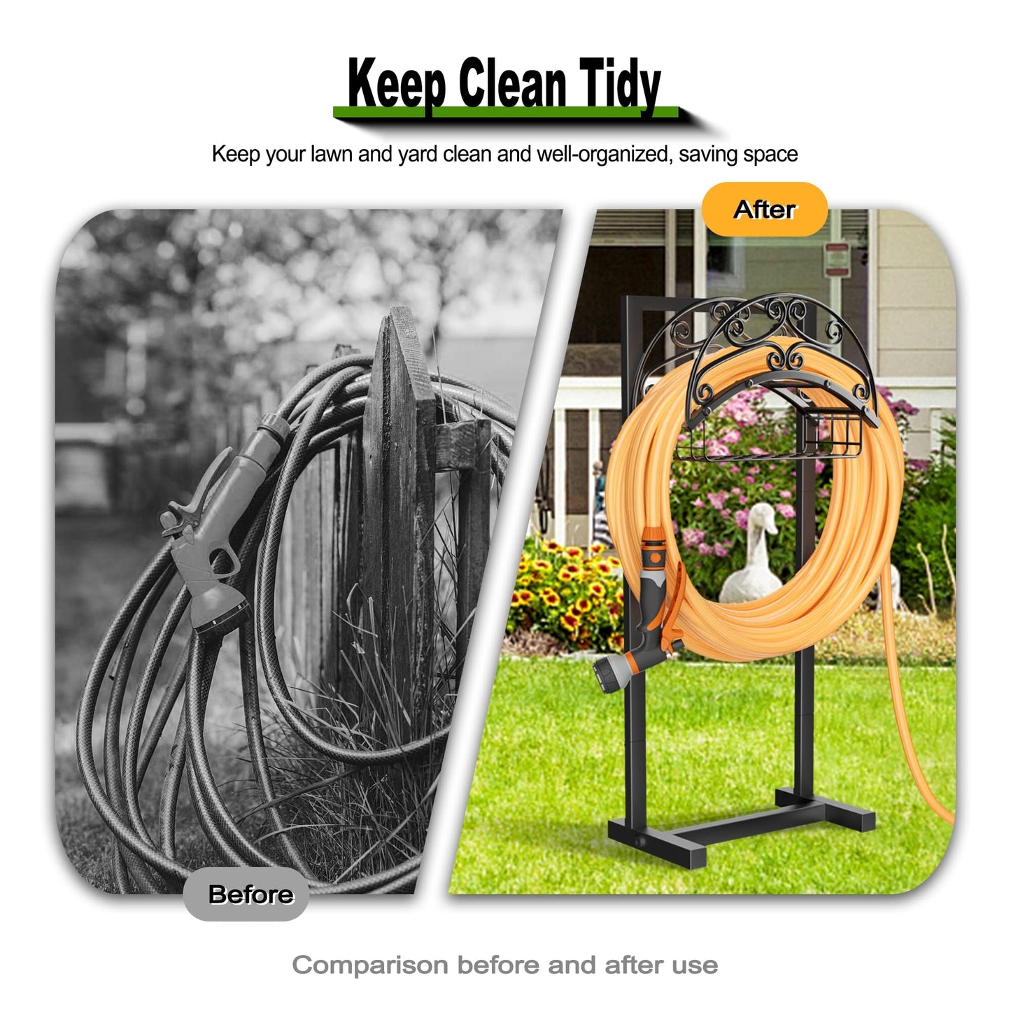 Gayuteay Garden Hose Holder – Upgraded Water Hose Stand with Storage Basket Holds 151ft, Heavy Duty Freestanding Garden Hanger Storage Rack for Outside Yard Lawn Farm