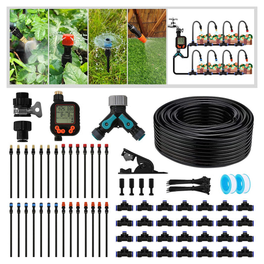 Kekangerly 100FT Drip Irrigation Kit - 28 Adjustable 360° Nozzles & T-Connectors for Garden, Lawn & Plant Watering System