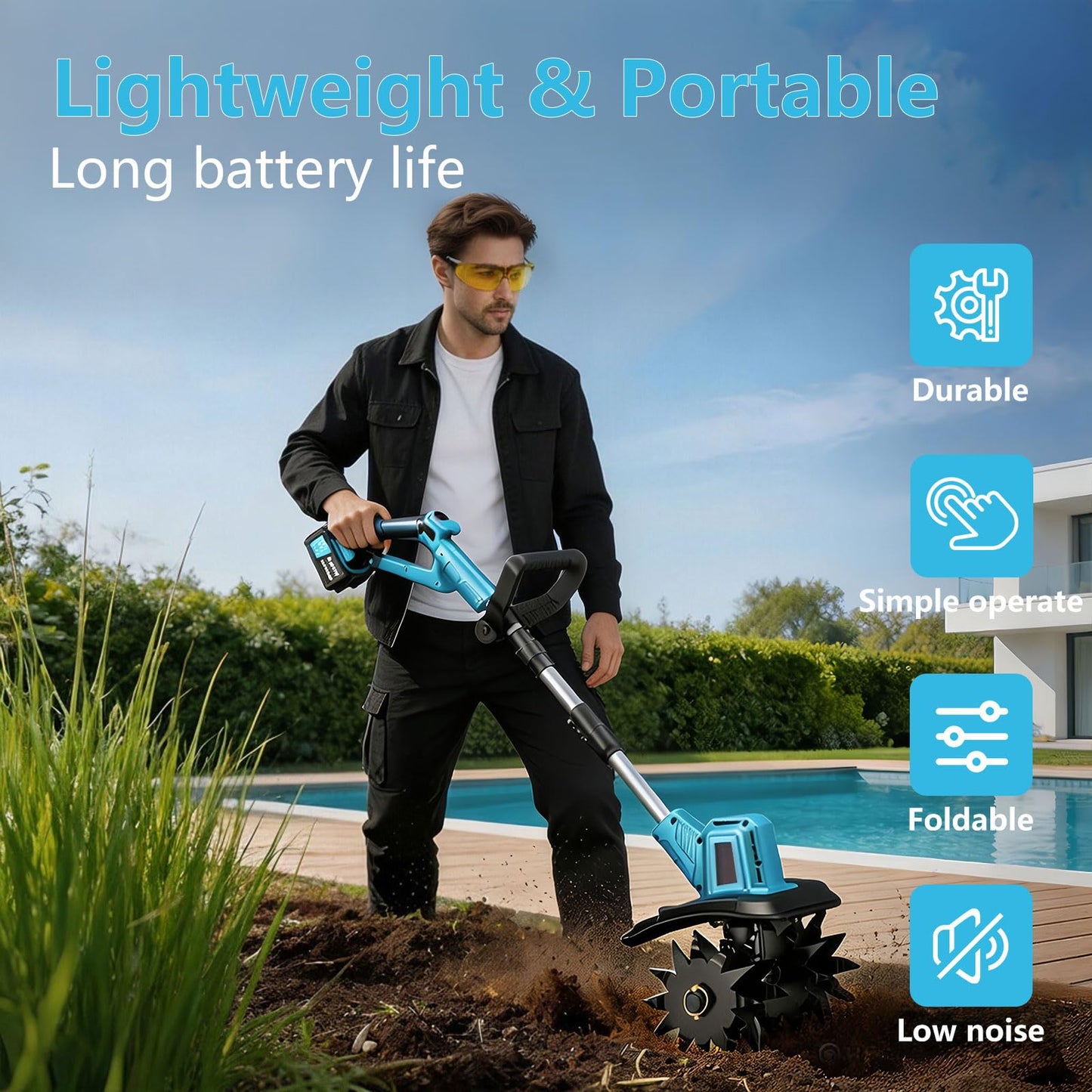 21V Cordless Tiller Cultivator, 300RPM Electric Garden Tiller, 2×4.0AH Batteries & Fast Charger Lightweight Rototiller 12" Width, 8" Depth for Lawn/Soil/Plowing/Weeding/Farm