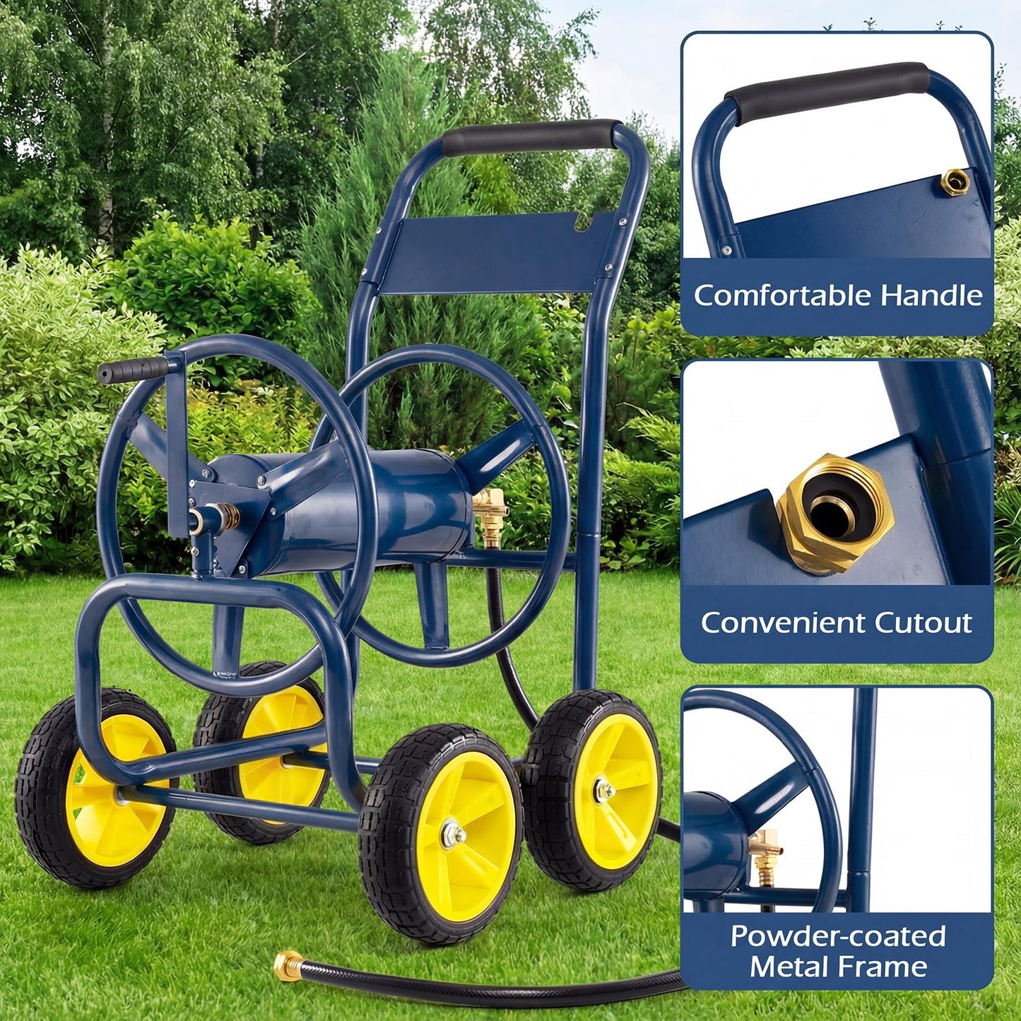 Toolsempire Garden Hose Reel Cart, Mobile Water Hose Cart with Heavy-duty Metal Frame & 4 Solid Wheels, Hold up to 330 ft of 5/8" Hoses, Outdoor Planting Tool for Lawn & Backyard (Navy Blue)