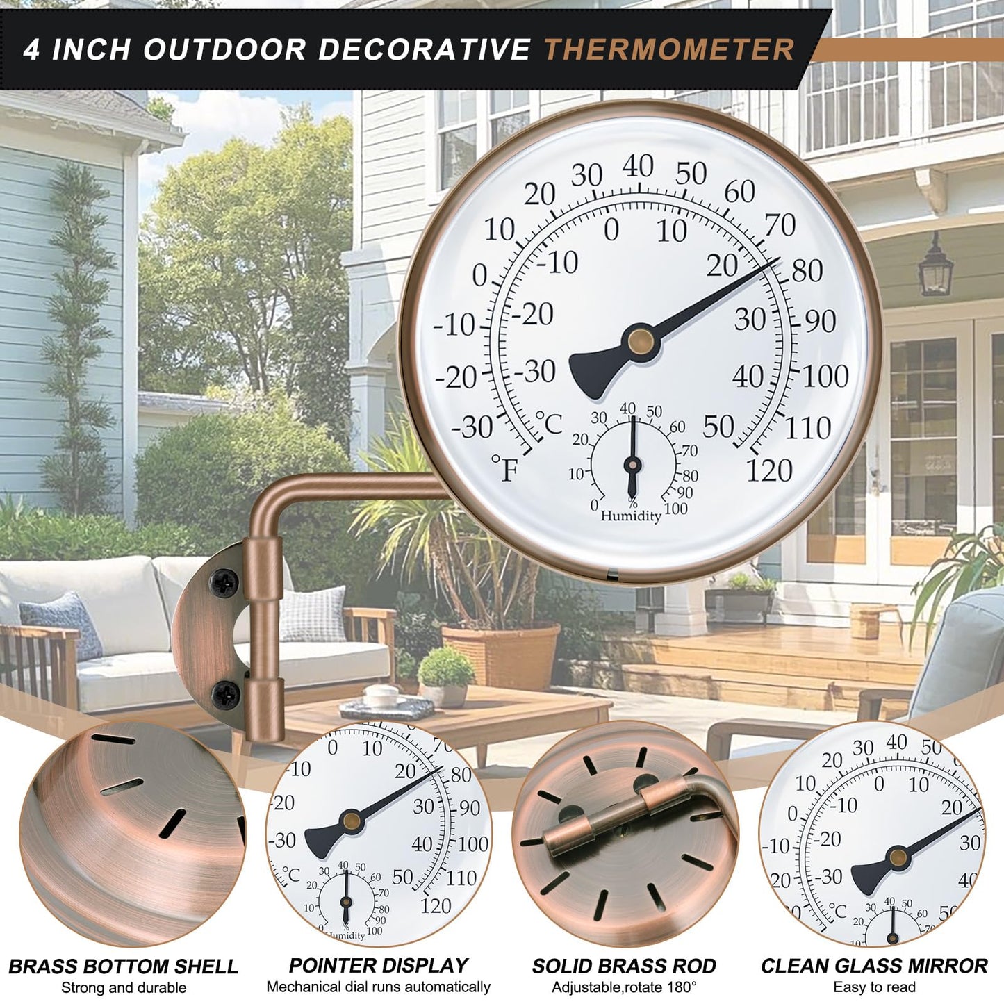 4 Inch Brass Outdoor Thermometer, Outside Decorative Thermometer for Patio, Window, Greenhouse, Garage, Brass Swivel Temperature Gauge with Humidity, Analog Temperature Gauge