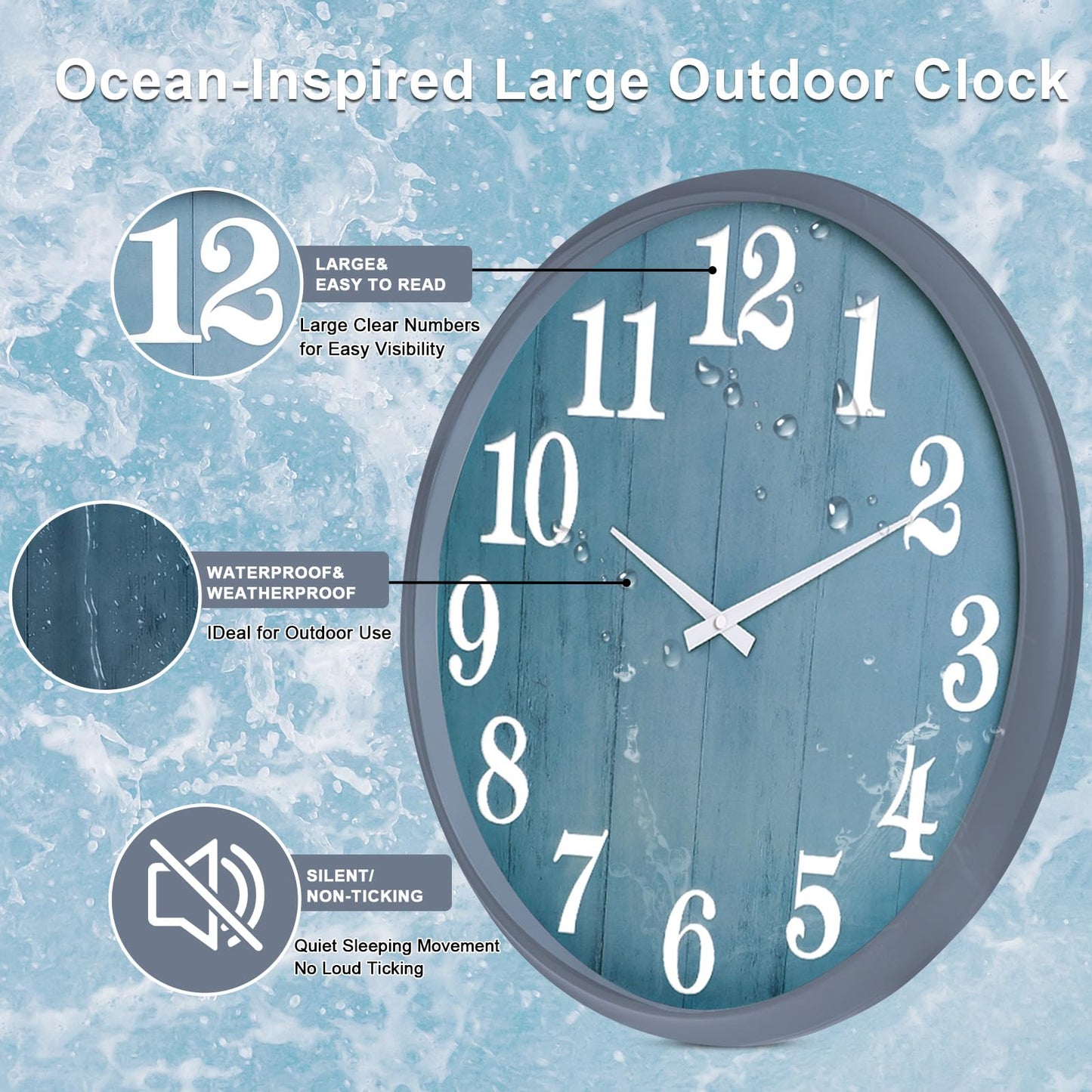 UMEXUS 18 Inch Large Outdoor Wall Clock, Waterproof Indoor Outdoor Decorative Clock with Upgraded D365 Silent Quartz Movement, Battery Operated for Patio, Garden, Pool, Farmhouse & Living Room