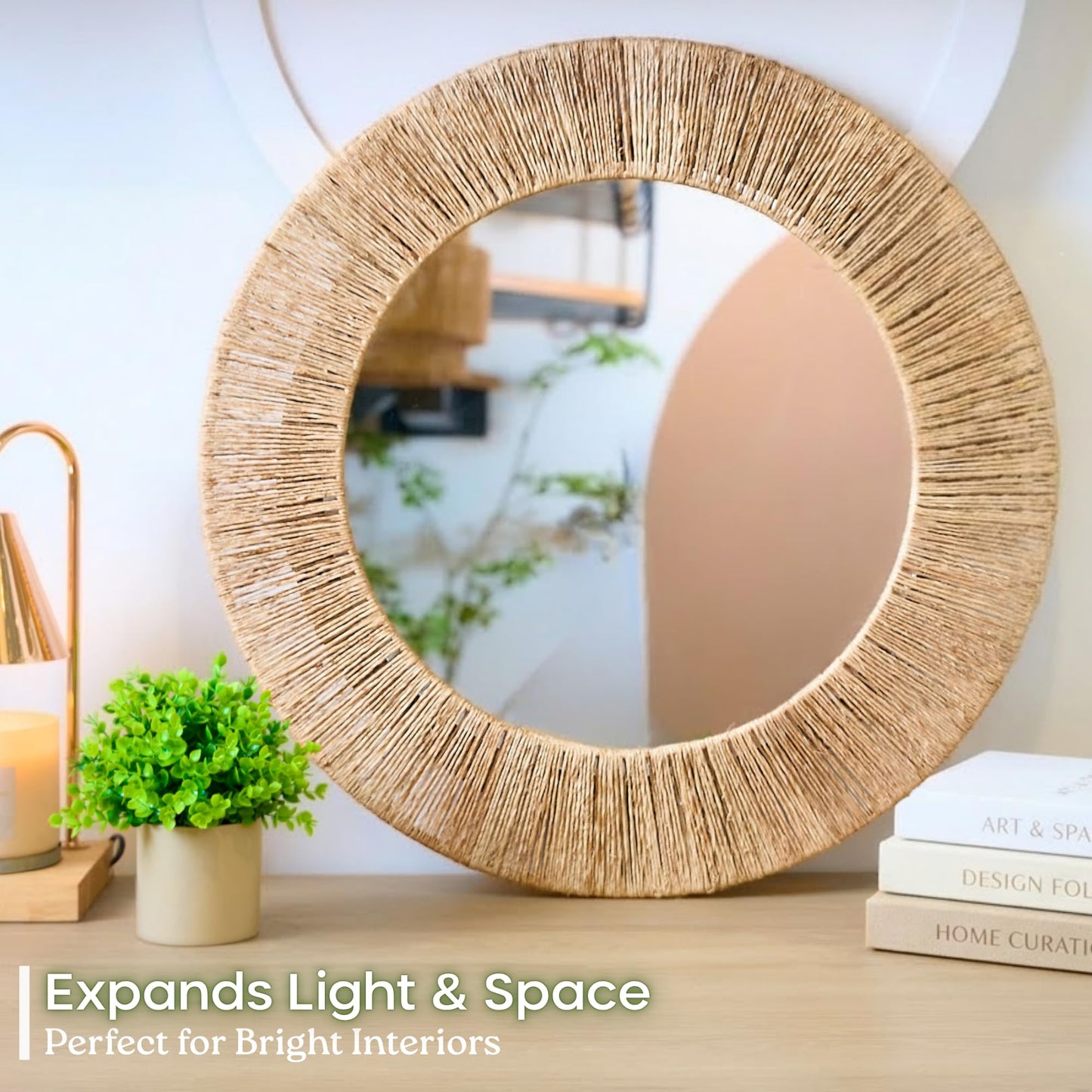 Chi An Home 24 Inch Natural Jute Mirror, Wall Mounted Round Mirror with Metal Frame, Wall Decor Rustic Farmhouse Boho Decor Accent for Bathroom, Bedroom, Living Room, or Entryway