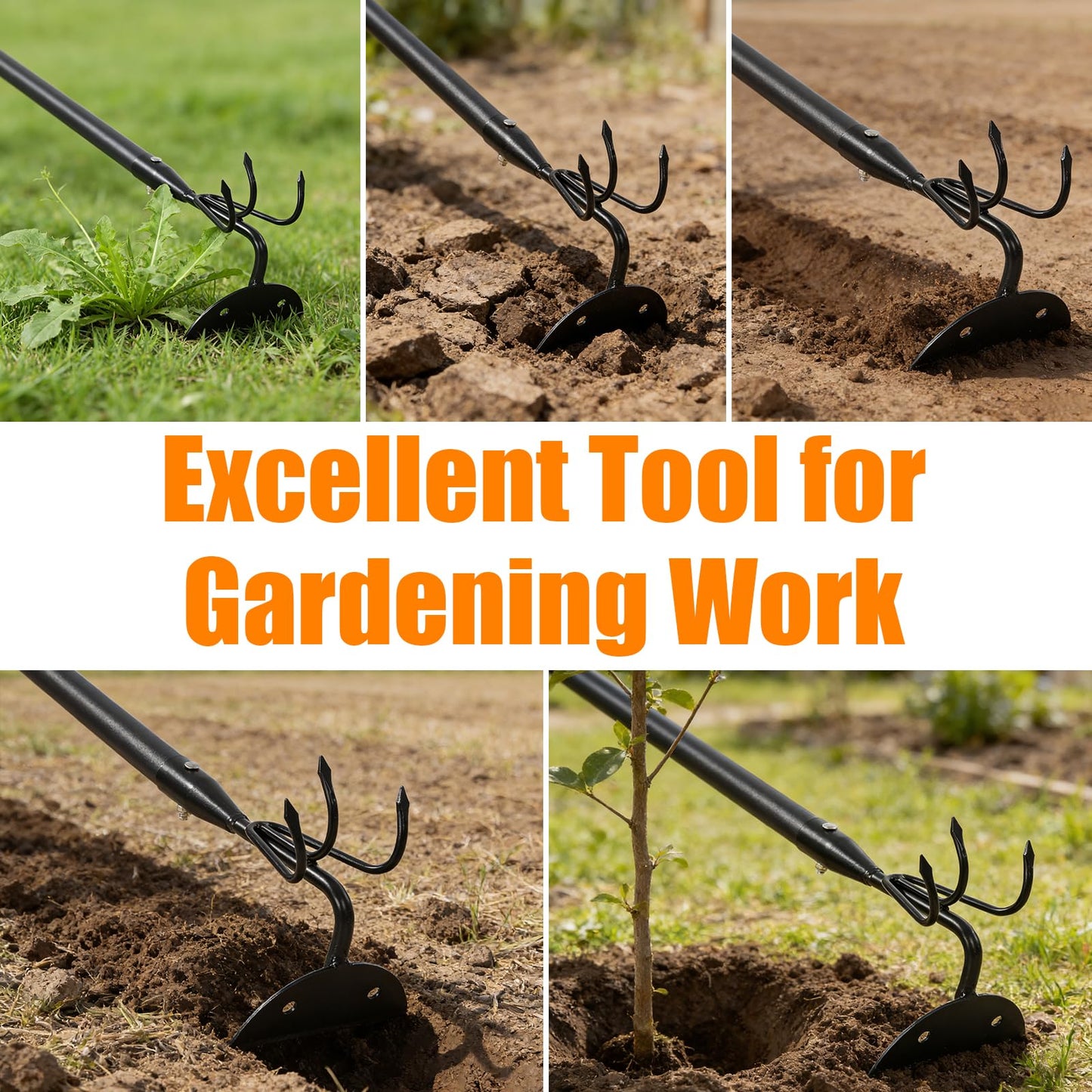 EUIJOIP 52" Heavy Duty 2-in-1 Hoe & Tiller Rake Garden Tool, 3-Tine Cultivator for Weeding and Soil Loosening, Long Handle Stand Up Digging Tool for Gardening and Planting