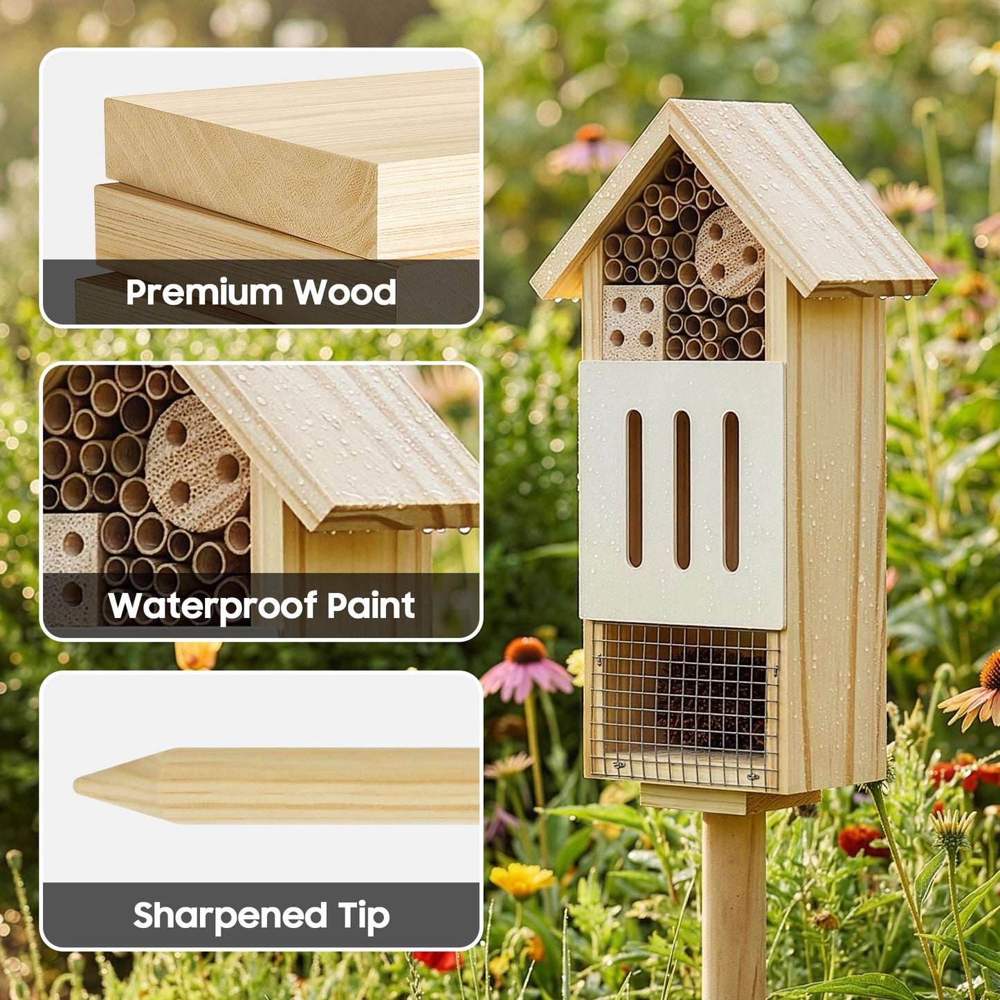 Bee House Bug Hotel & Butterfly House with Stake, Handcrafted Wooden Ladybug Hotel, Natural Insect Habitat for Garden, Patio, or Yard, Attracts Pollinators, 10.4 x 5.5 x 3.2 Inches,25 inches Stake