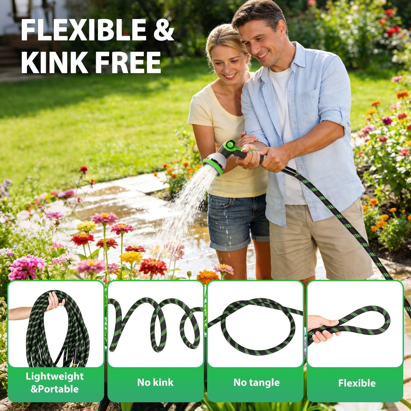 Ahititi Garden Hose 50 ft Water Hose Flexible Non-Expandable Outdoor Heavy Duty Lightweight Leakproof Kink-free flex Watering Hose Pipe with Nozzl for 3/4 inch Fitting Yard Lawn Outside Car Wash