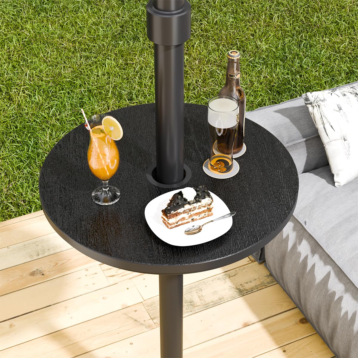 Diyfire Umbrella Table, Umbrella Side Table, Patio Umbrella Table Tray with Hole, Beach Umbrella Base Table, Outdoor Table with Umbrella Hole for Garden, Balcony, Deck, Poolside, Black