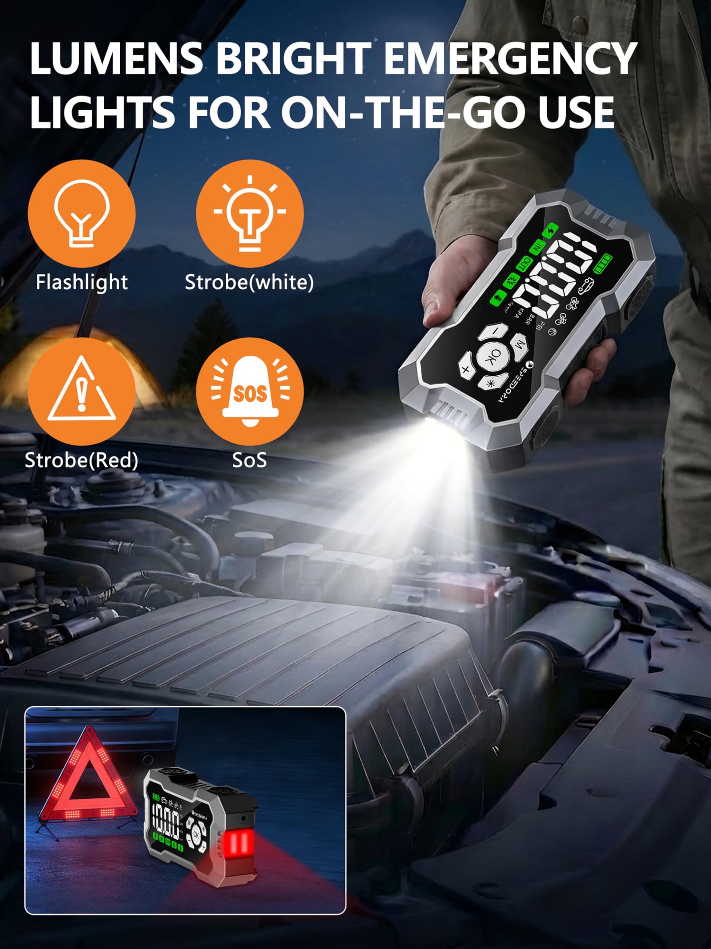 Jump Starter with Air Compressor, SPEEDORA 8000A Portable Car Battery Jump Starter for (All Gas/12L Diesel Engines), 160PSI Tire Inflator, 3.3" Screen,600LM Light, Jumper Cables,12V Car Booster Pack