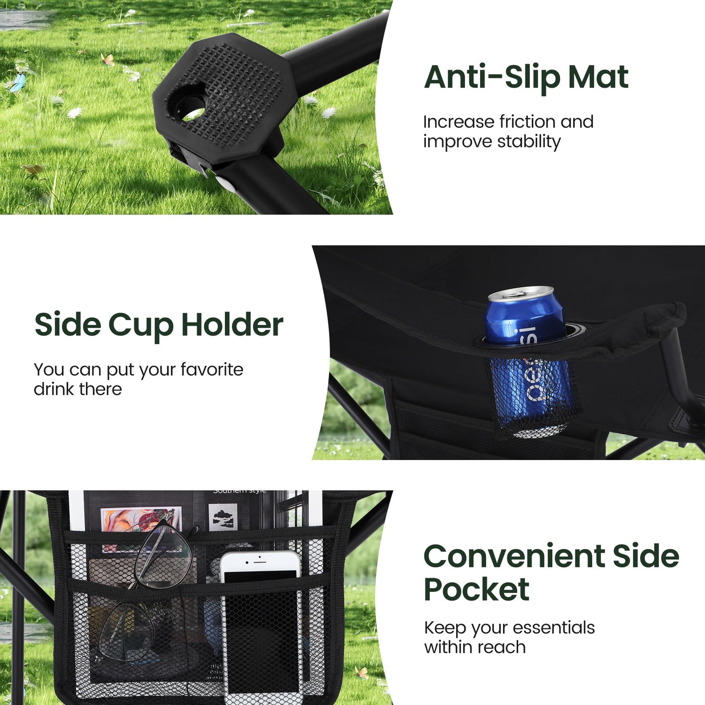 HIGH POINT SPORTS 2 Pack Portable Camping Chair for Adults, Folding Outdoor Camp Chair Lightweight Lawn Chairs Folding Collapsible Chair for Camping, Tailgates, Beach, Black, Support 350 lbs
