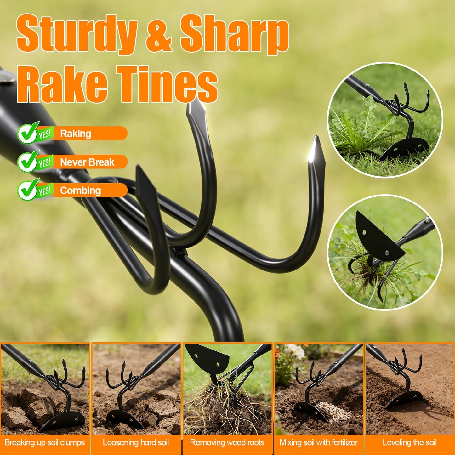 EUIJOIP 52" Heavy Duty 2-in-1 Hoe & Tiller Rake Garden Tool, 3-Tine Cultivator for Weeding and Soil Loosening, Long Handle Stand Up Digging Tool for Gardening and Planting