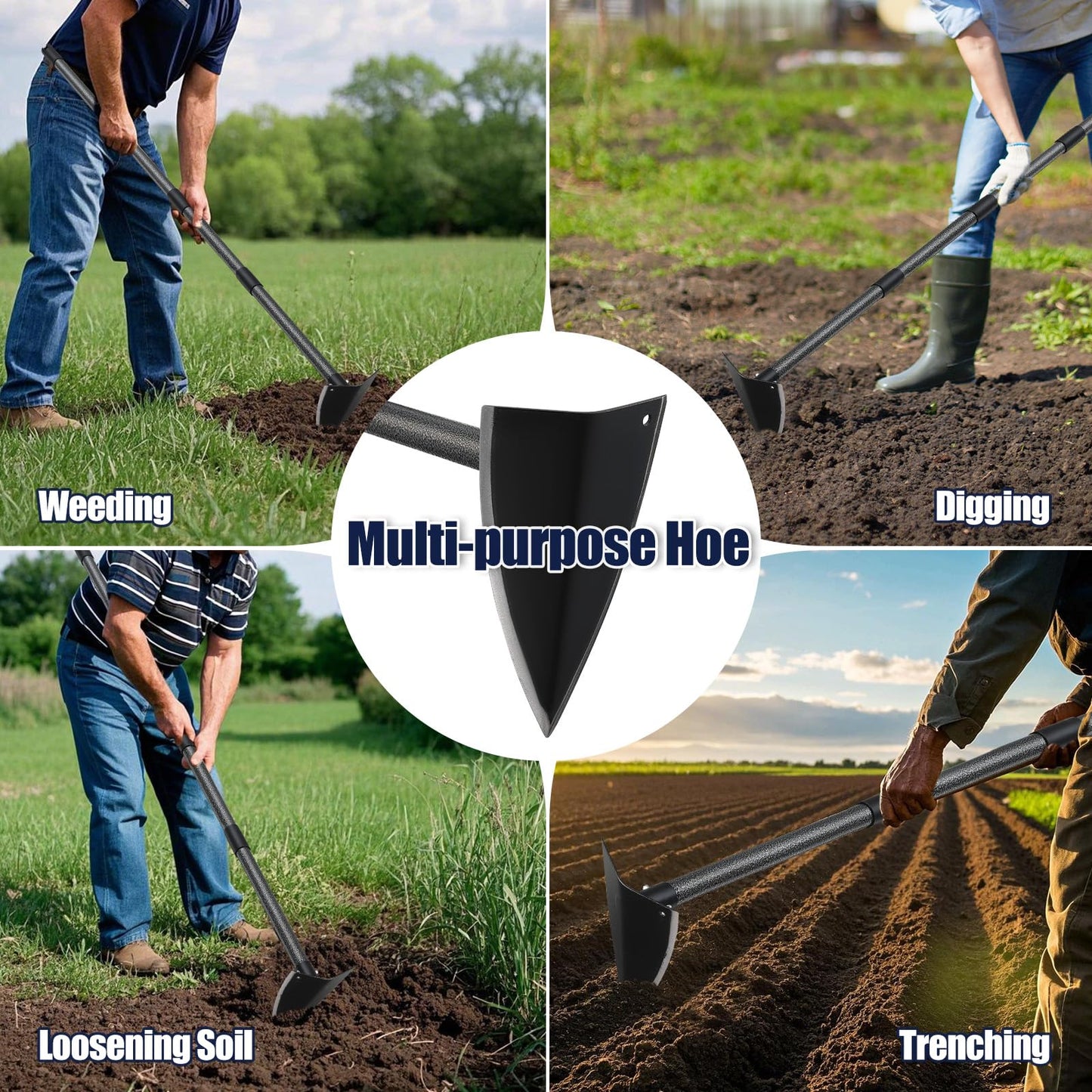 EUIJOIP Extra-Sharp Triangular Hoe - Heavy Duty Gardening & Construction Tool with 15"-60" Adjustable Stainless Steel Pole, Detachable Design for Digging, Weeding, Trenching