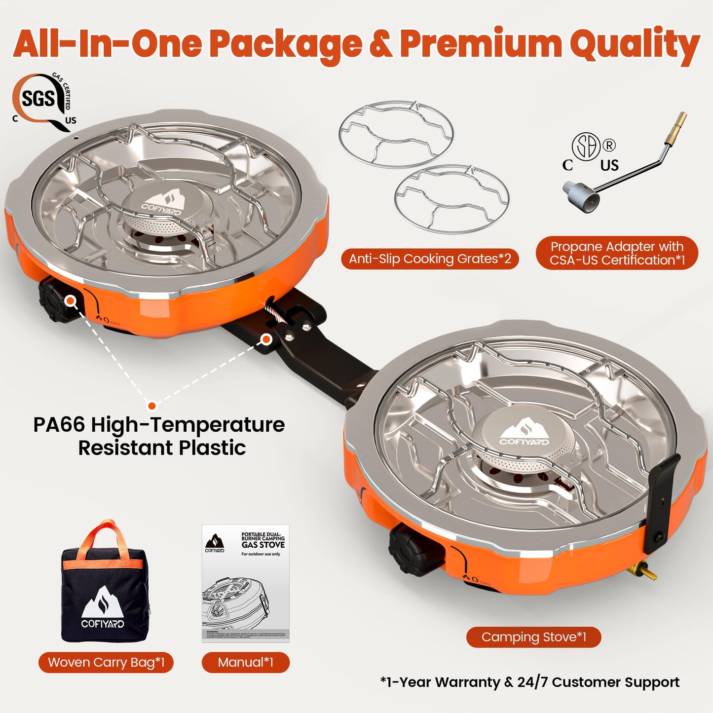 Cofiyard 20,000 BTUs 2 Burner Propane Camping Stove, Portable Folding Camp Stove with Adjustable Burners, Regulator and Carrying Bag, Dual Gas Stoves Easy Carrying Handle for Tailgating, Camping, BBQ