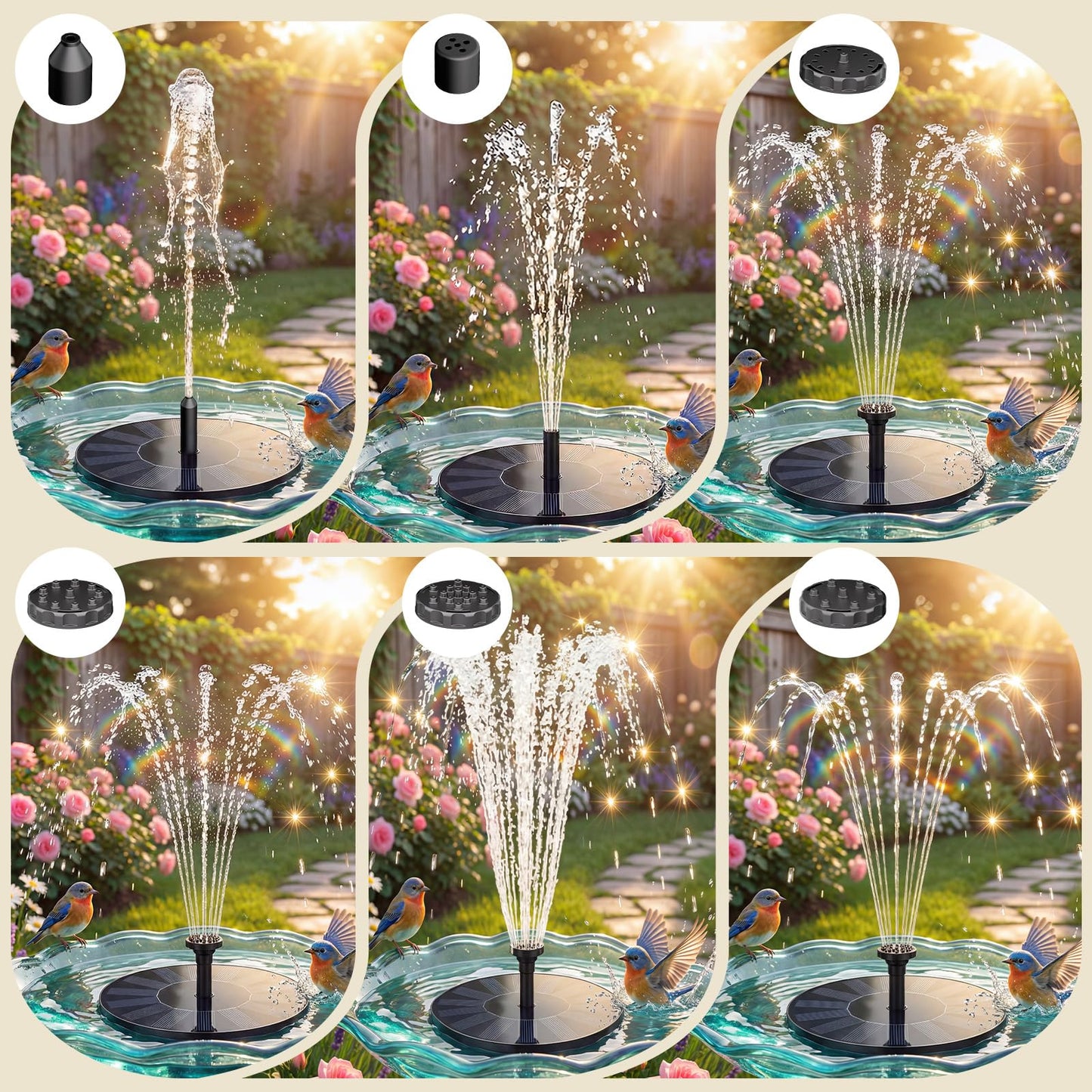 AISITIN Solar Fountain for Bird Bath, Solar Water Fountain Pump with 6 Nozzles, Solar Powered Fountain for Garden, Pond, Pool, Fish Tank and Outdoor Decor