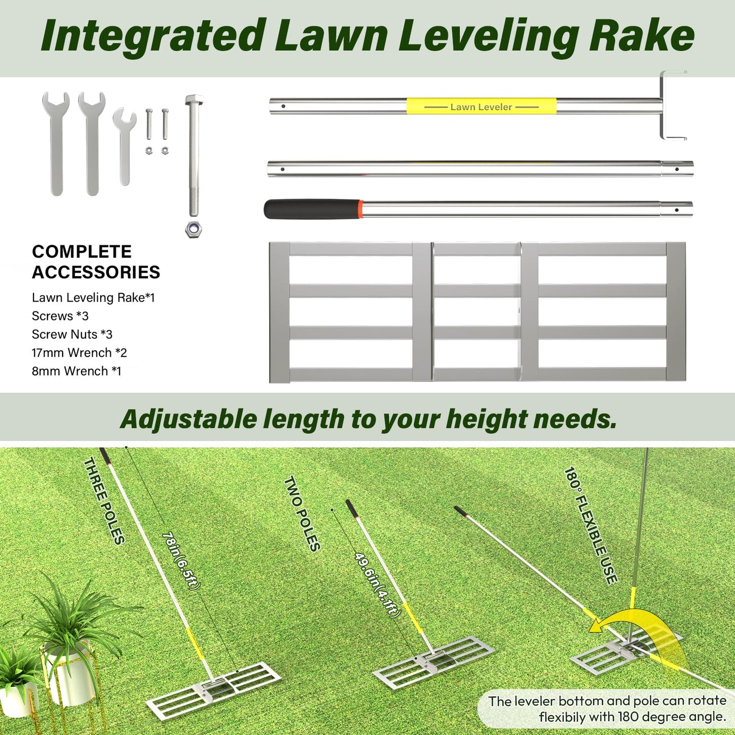 Lawn Leveling Rake, Lawn Leveler Rake with Adjustable Stainless Steel Handle, Lawn Level Tool for Soil with Handle for Yard, Garden, Golf Leveling, 6.5FT- 30 x 10 inch