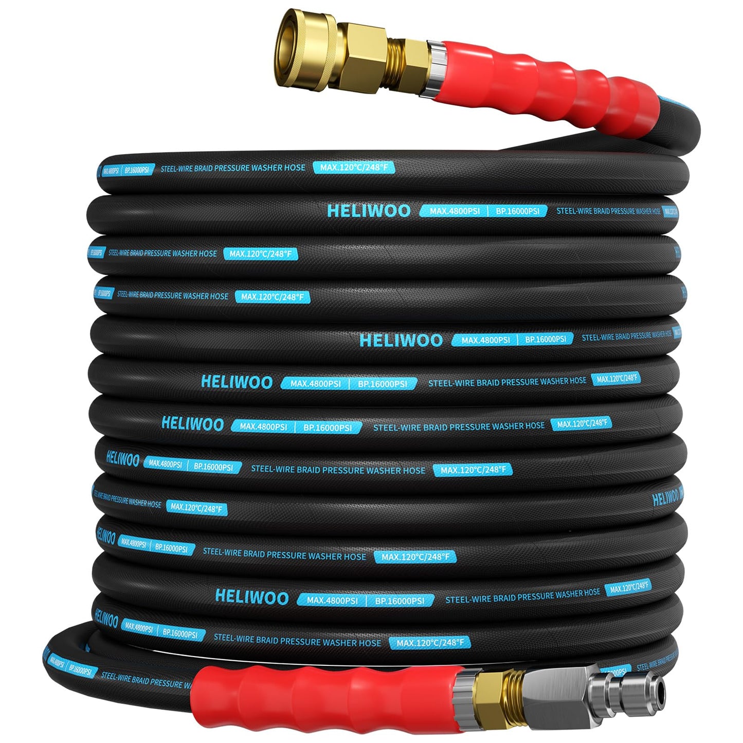 Heliwoo 4800 PSI Pressure Washer Hose 50FT, 3/8'' Steel Wire Braided Kink Resistant Power Washing Extension Hose for Cold & Hot Water Max 248°F, Qucik Connect Ends, Black and Blue