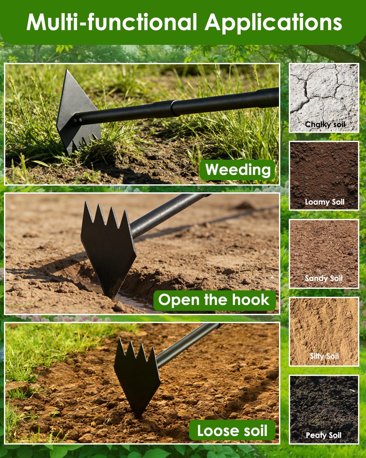 Luvenia 2-in-1 Hoe Garden Tool and Weed Puller Tool, 60 Inch Long Handle Garden Hoe Heavy Duty, Stainless Steel Triangle Hoe for Gardening Planting, Weeding, Digging, Loosening Soil, Sharp Edge