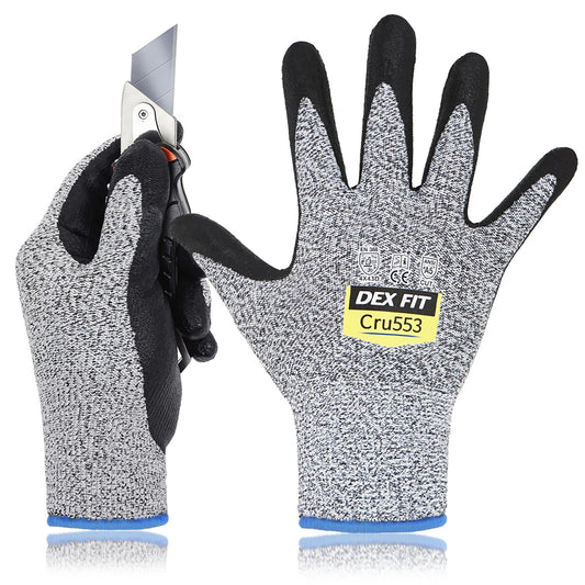 DEX FIT Level 5 Cut Resistant Gloves Cru553, 3D-Comfort Fit, Firm Grip, Thin & Lightweight, Touch-Screen Compatible, Durable, Breathable & Cool, Machine Washable; Grey L (9) 1 Pair