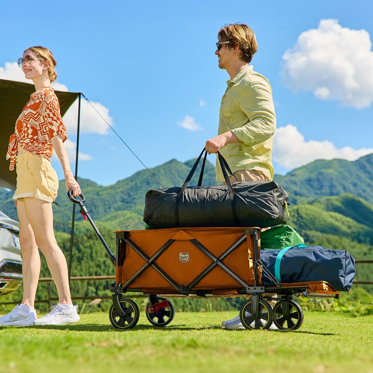 Timber Ridge 49" Extra Long Collapsible Folding Wagon with Tailgate and Brakes, 250L Capacity All-Terrain Wagon Carts Foldable, 300lbs Portable Cart for Dog, Garden, Outdoor Camping Sports, Orange