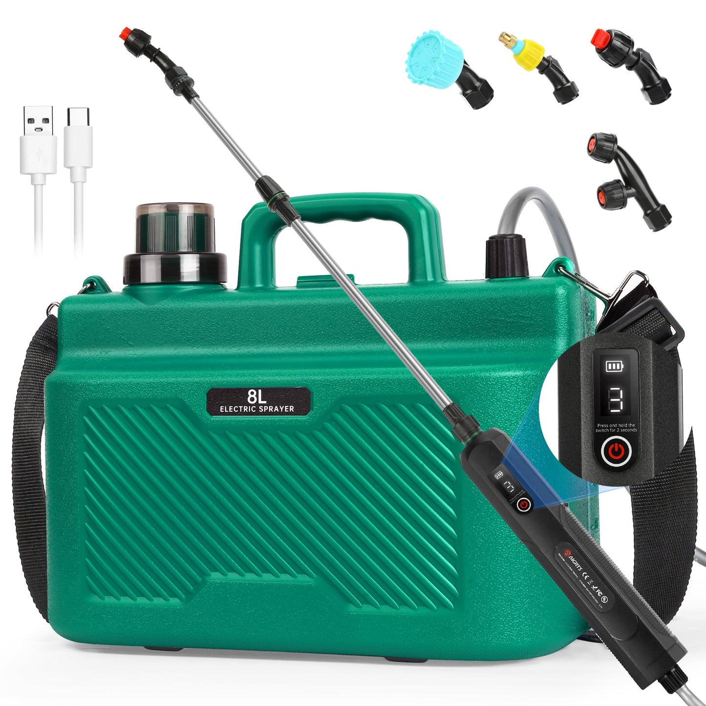2 Gallon Electric Sprayer, Battery Powered Garden Sprayer with 3 Adjustable Speed, Automatic Water Pump Weed Yard Lawn Sprayer with 4 Mist Nozzles, USB Rechargeable Handle, Retractable Wand for Plants