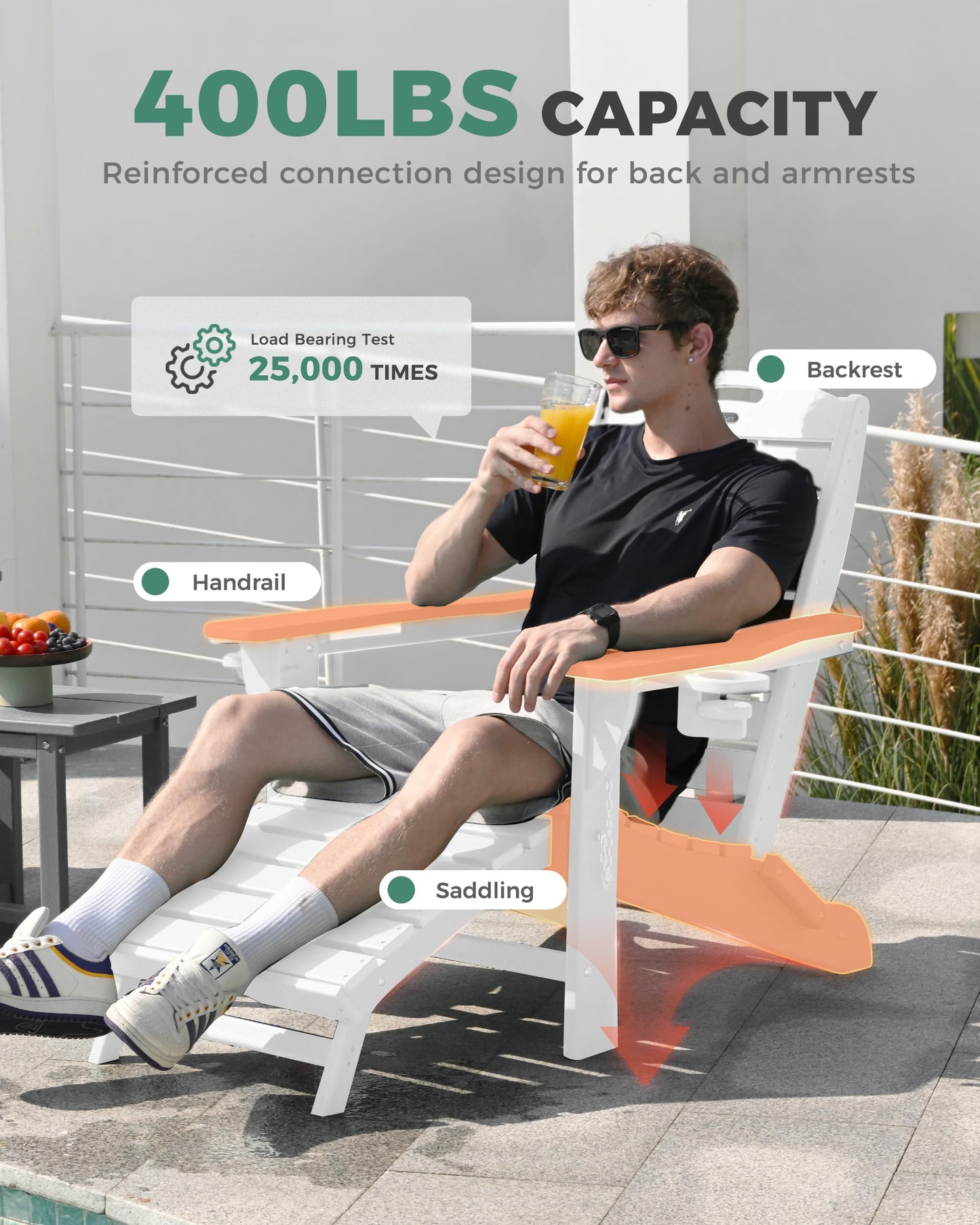 SUUNYN Folding Adirondack Chair with Retractable Ottoman, Weather Resistant Fire Pit Chair Patio Chair with 2 Cup Holder Lawn Outdoor Lounge Chair (White)