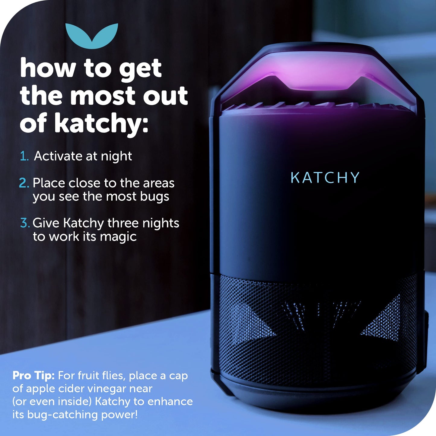 Katchy Flying Insect Trap Indoor – Catcher & Killer for Mosquito, Fruit Fly, Gnat & Small Moth – Non-Zapper with Suction & Blue Light – Ideal for Indoor Spaces, Kitchen & Plants (Original, Black)