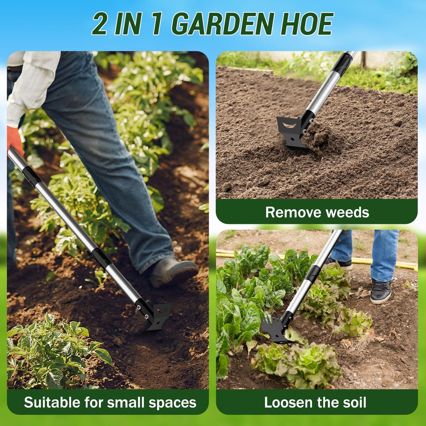 Ukiupop Weed Puller Tool with Long Handle – 2-in-1 Handle Garden Hoe and Weed Rake, Hoe Garden Tool for Home Gardens, Lawns, and Yards
