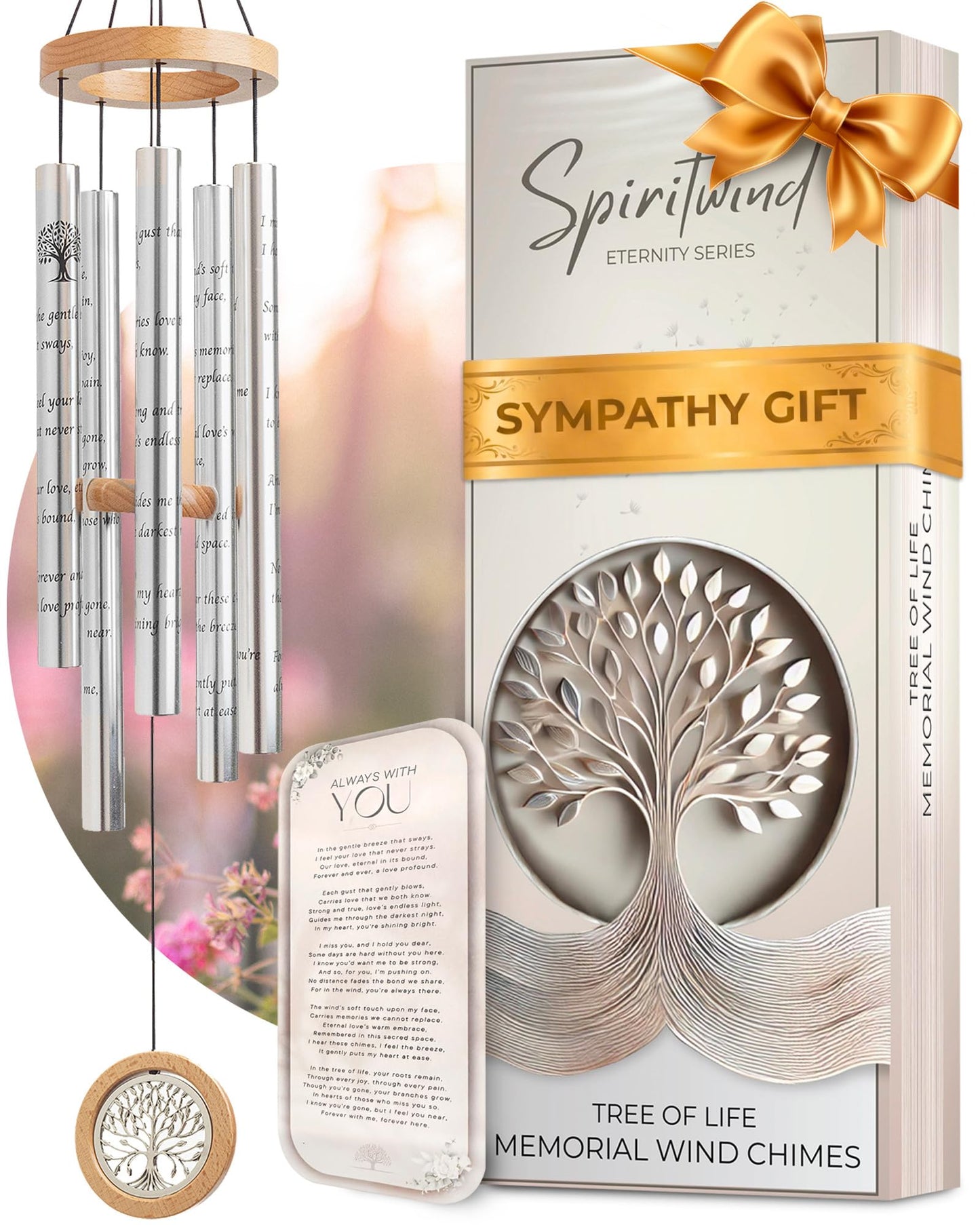 Tree of Life Memorial Wind Chimes for Loss of Loved One - Beautifully Packaged Memory Tree Windchimes in Memory of a Loved One - Sympathy Wind Chimes with Sympathy Card & Floral Keepsake (32" Size)