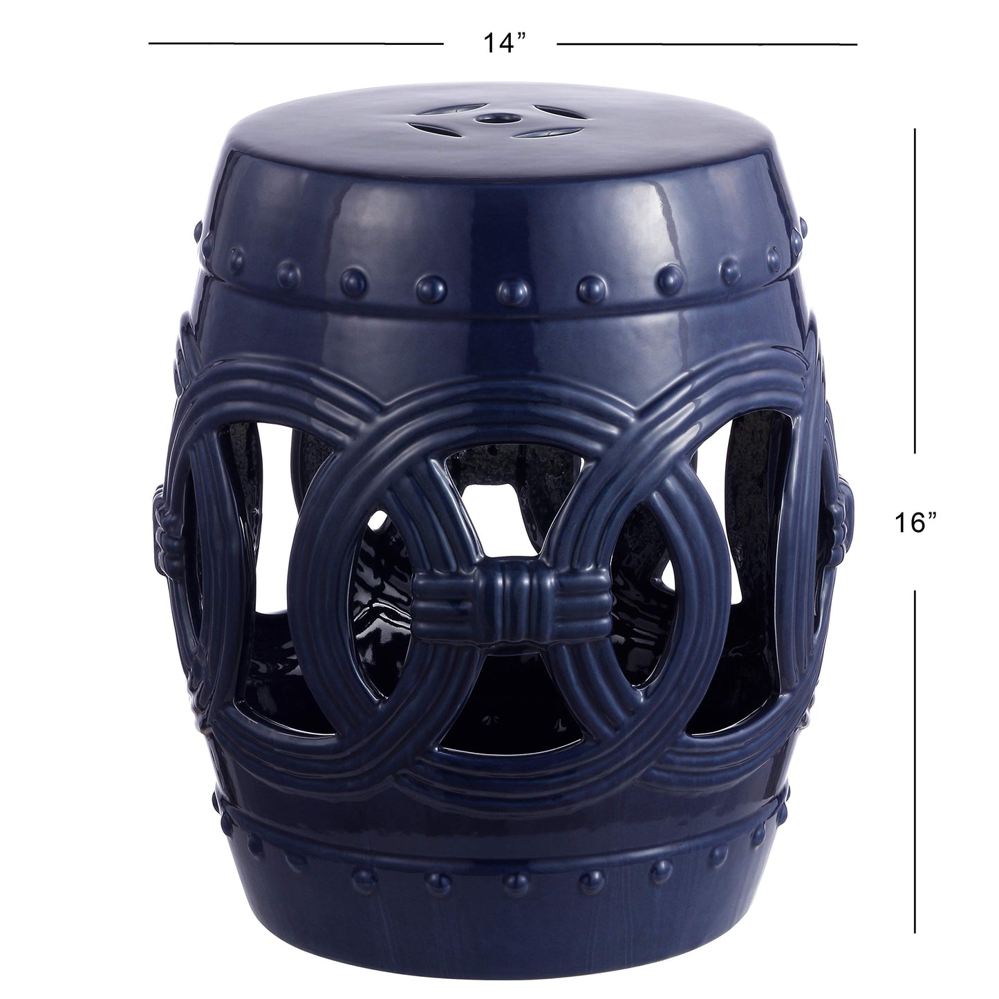JONATHAN Y TBL1022B Lucky Coins 16" Chinese Ceramic Drum Indoor/Outdoor Garden Stool Bohemian, Coastal, Classic, Cottage, French Country, Traditional, Side Table, Plant Stand, Spill-Proof, Navy