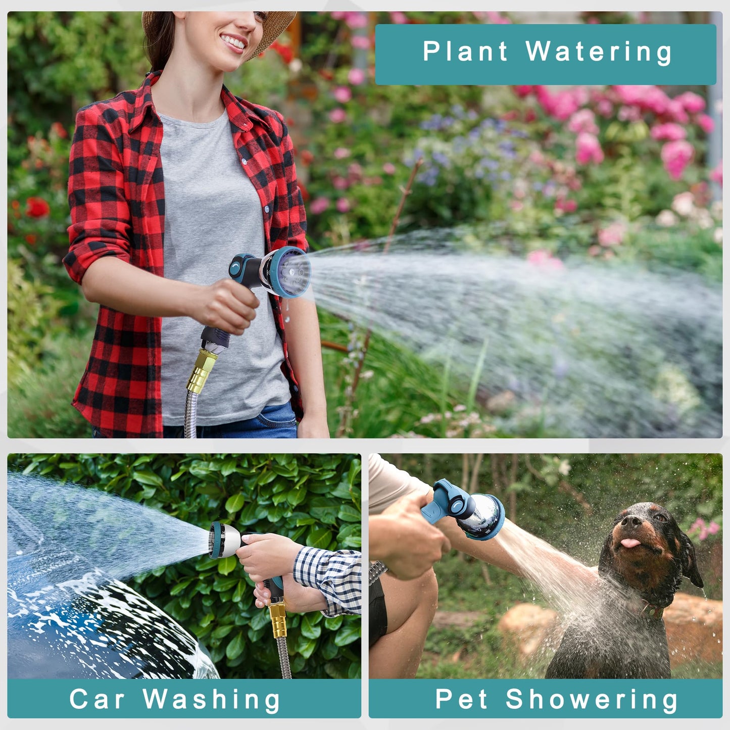 Numwot 50FT Garden Hose, 304 Stainless Steel Water Hose, Flexible with a 10-Mode Nozzle Sprayer, No Kink, Lightweight, Puncture Proof, Ideal for Yard, Lawn, Outdoor, 5/8" Outside Diameter